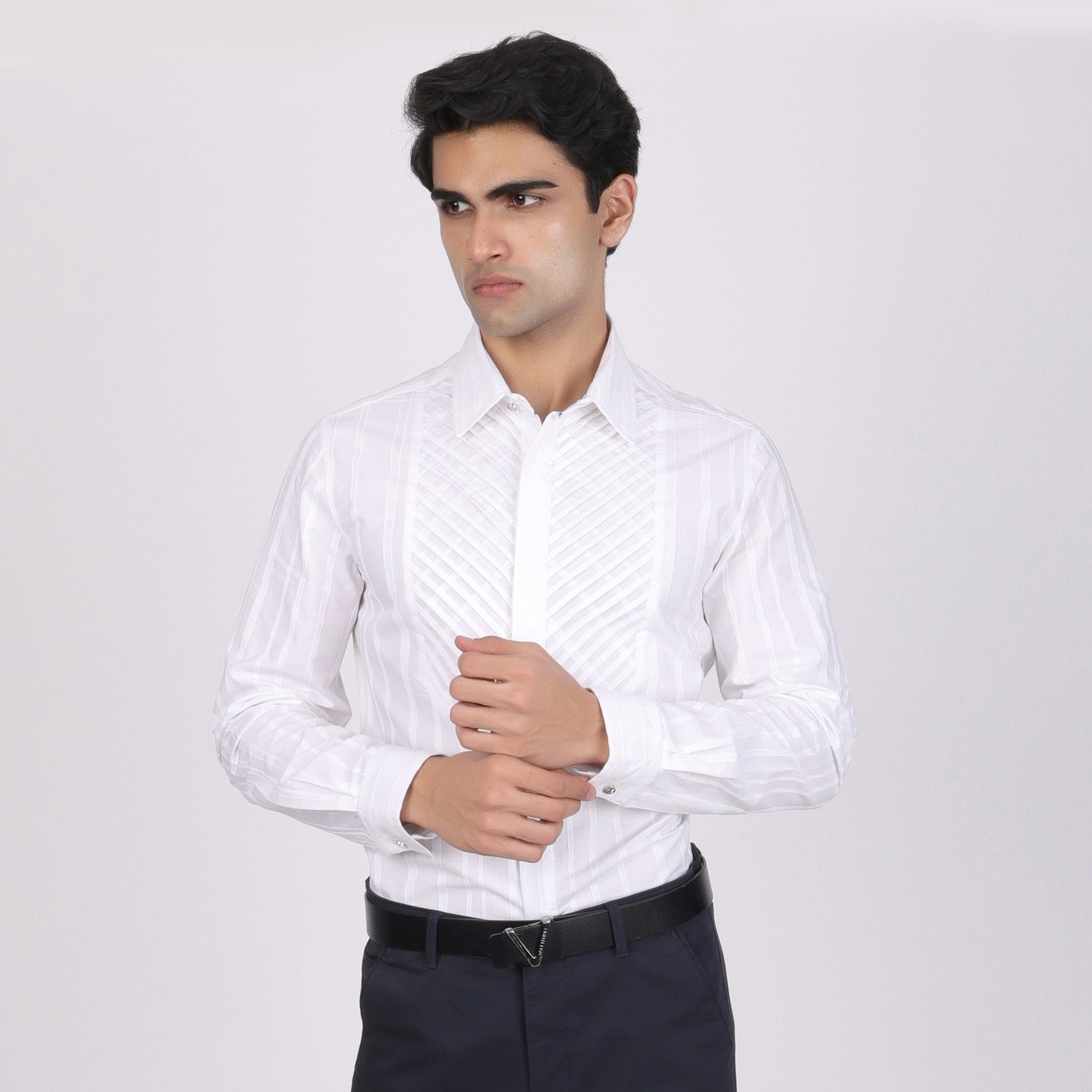 Pier Seven Men's Cotton Striped Pleated Yoke Regular Fit Shirt - White (PWY054) Pier Seven