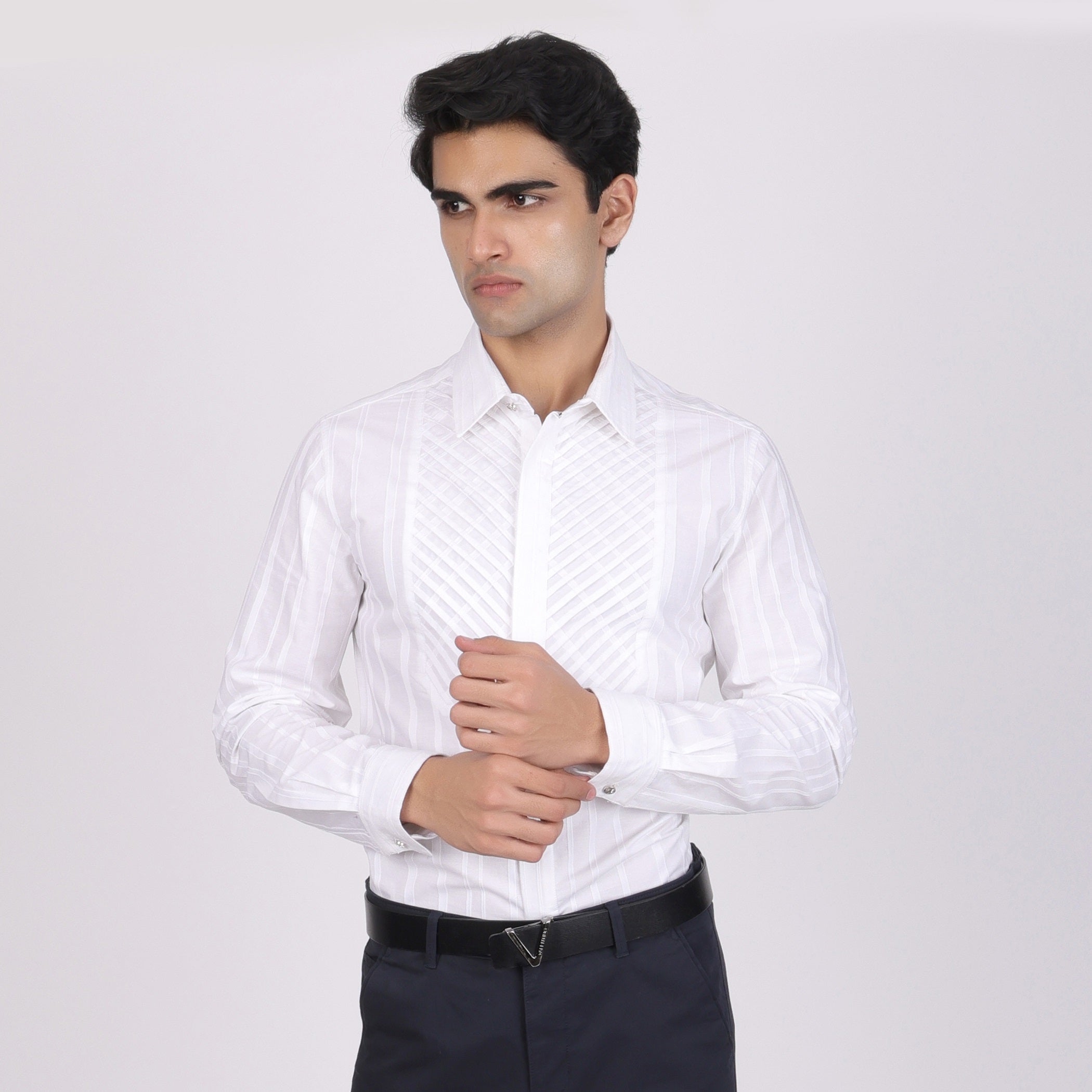 Pier Seven Men's Cotton Striped Pleated Yoke Regular Fit Shirt - White (PWY054) Pier Seven