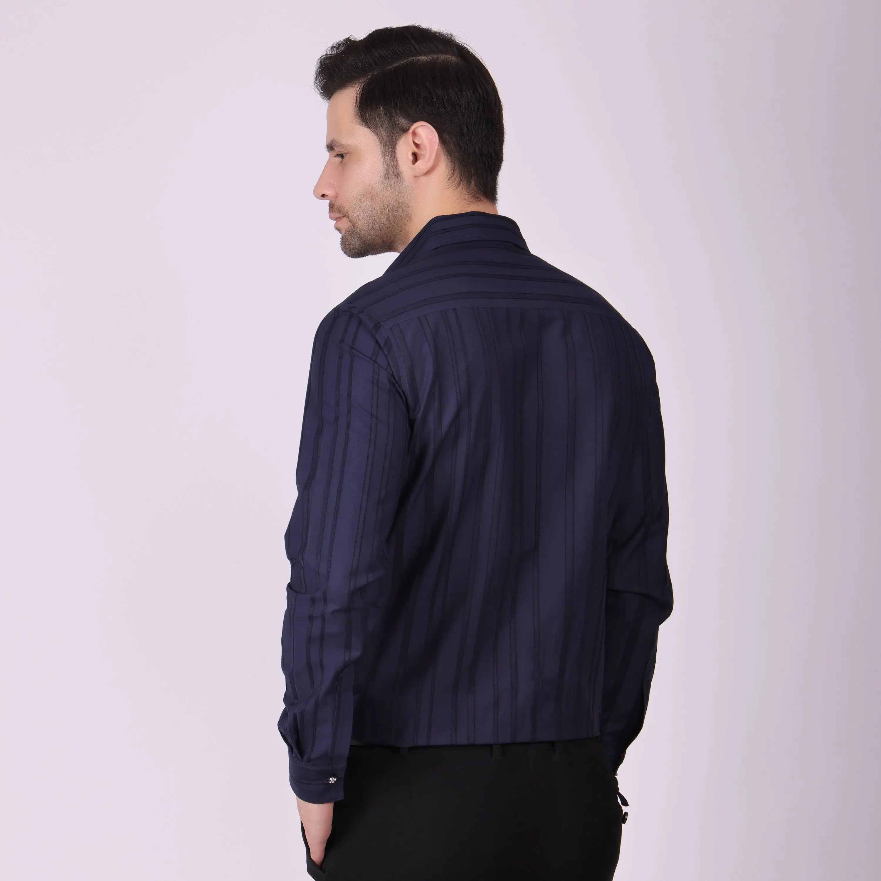 Pier Seven Men's Cotton Striped Pleated Yoke Regular Fit Shirt - Navy Blue (PWY054) Pier Seven