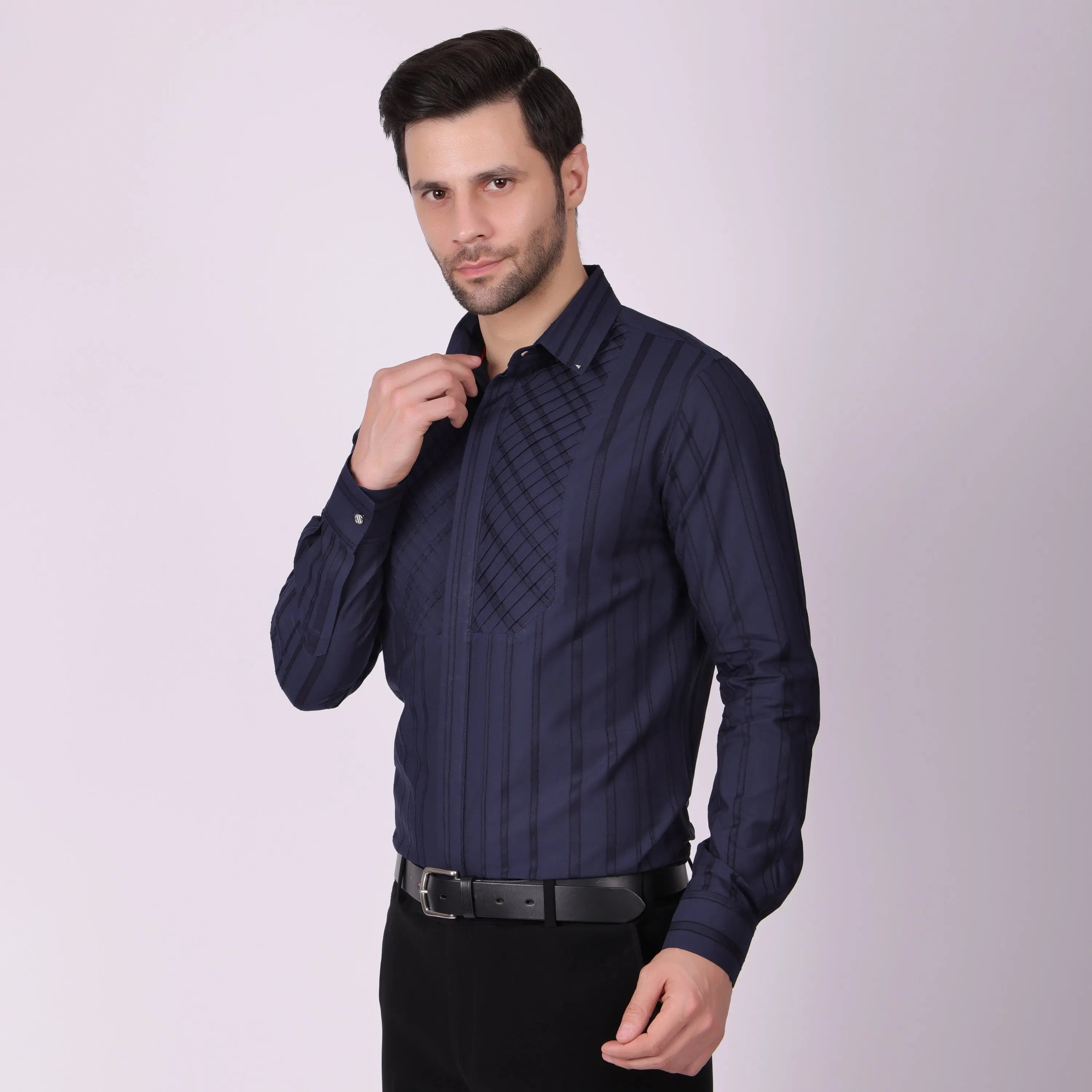 Pier Seven Men's Cotton Striped Pleated Yoke Regular Fit Shirt - Navy Blue (PWY054) Pier Seven