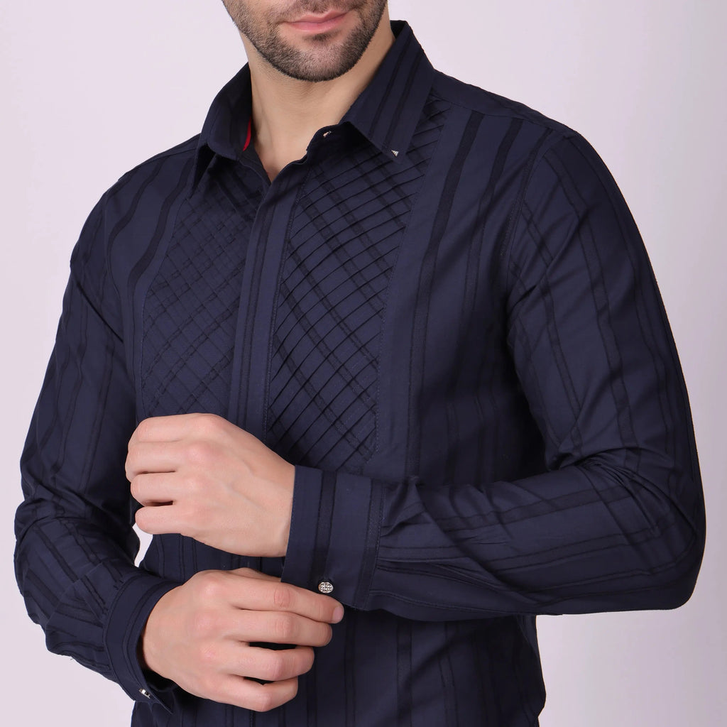 Pier Seven Men's Cotton Striped Pleated Yoke Regular Fit Shirt - Navy Blue (PWY054) Pier Seven
