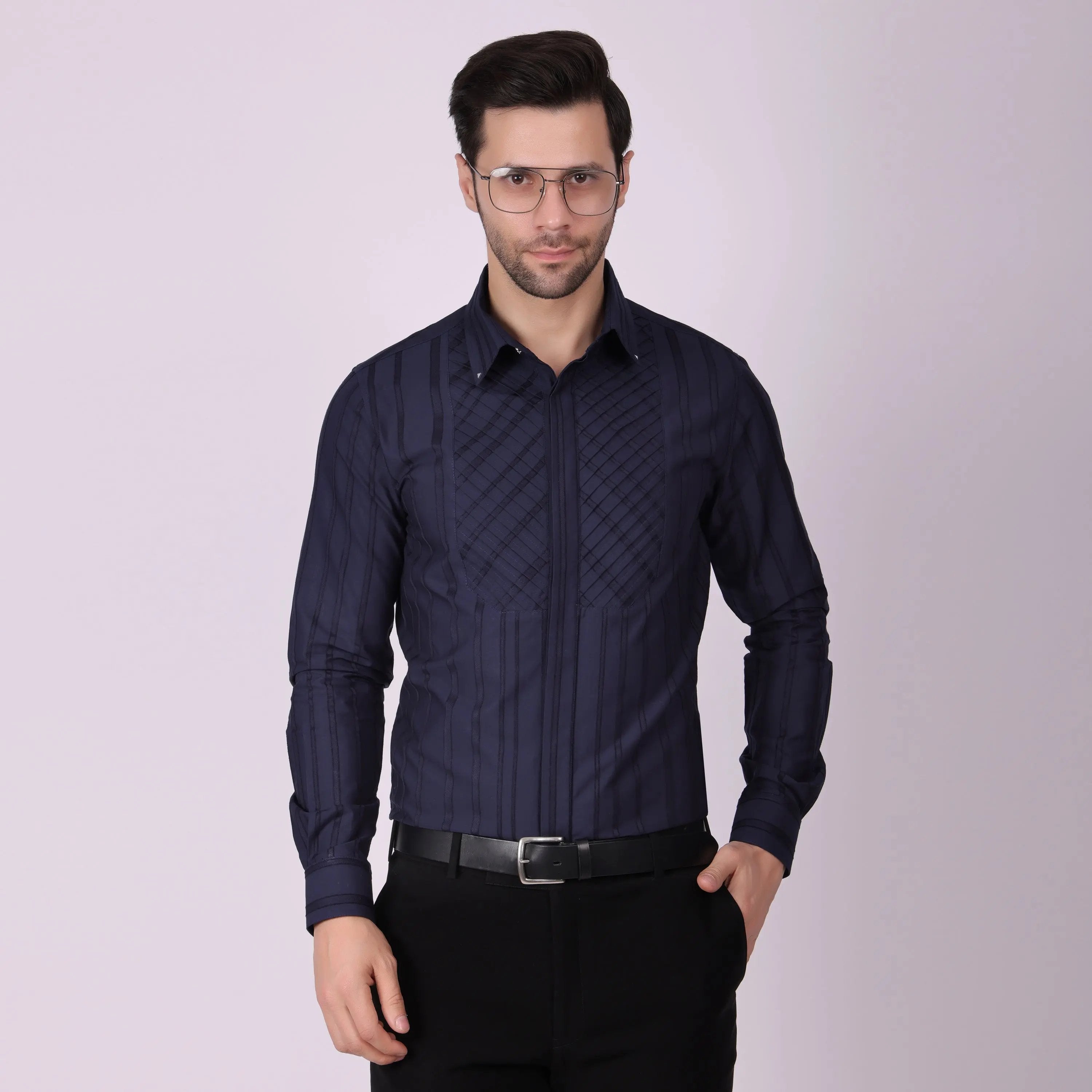Pier Seven Men's Cotton Striped Pleated Yoke Regular Fit Shirt - Navy Blue (PWY054) Pier Seven