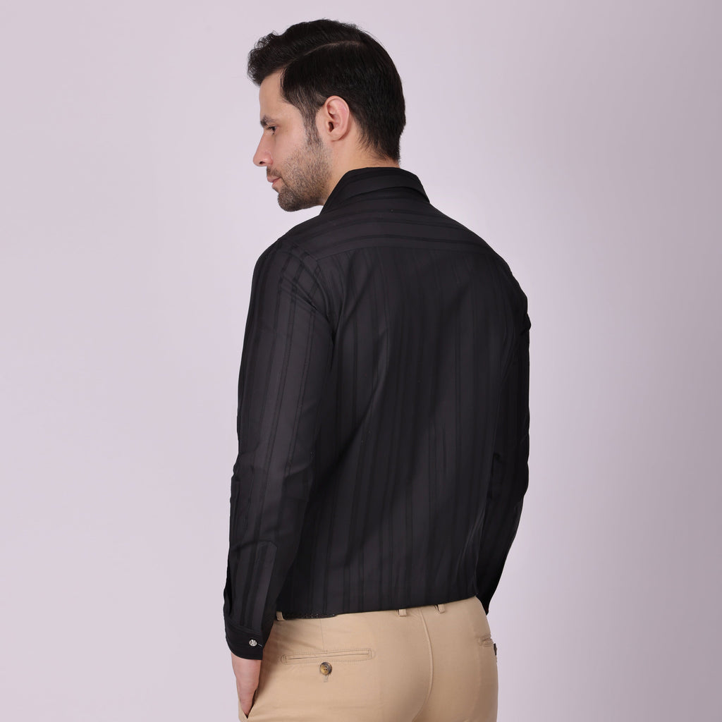 Pier Seven Men's Cotton Striped Pleated Yoke Regular Fit Shirt - Black (PWY054) Pier Seven