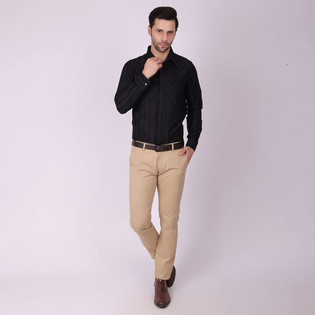 Pier Seven Men's Cotton Striped Pleated Yoke Regular Fit Shirt - Black (PWY054) Pier Seven
