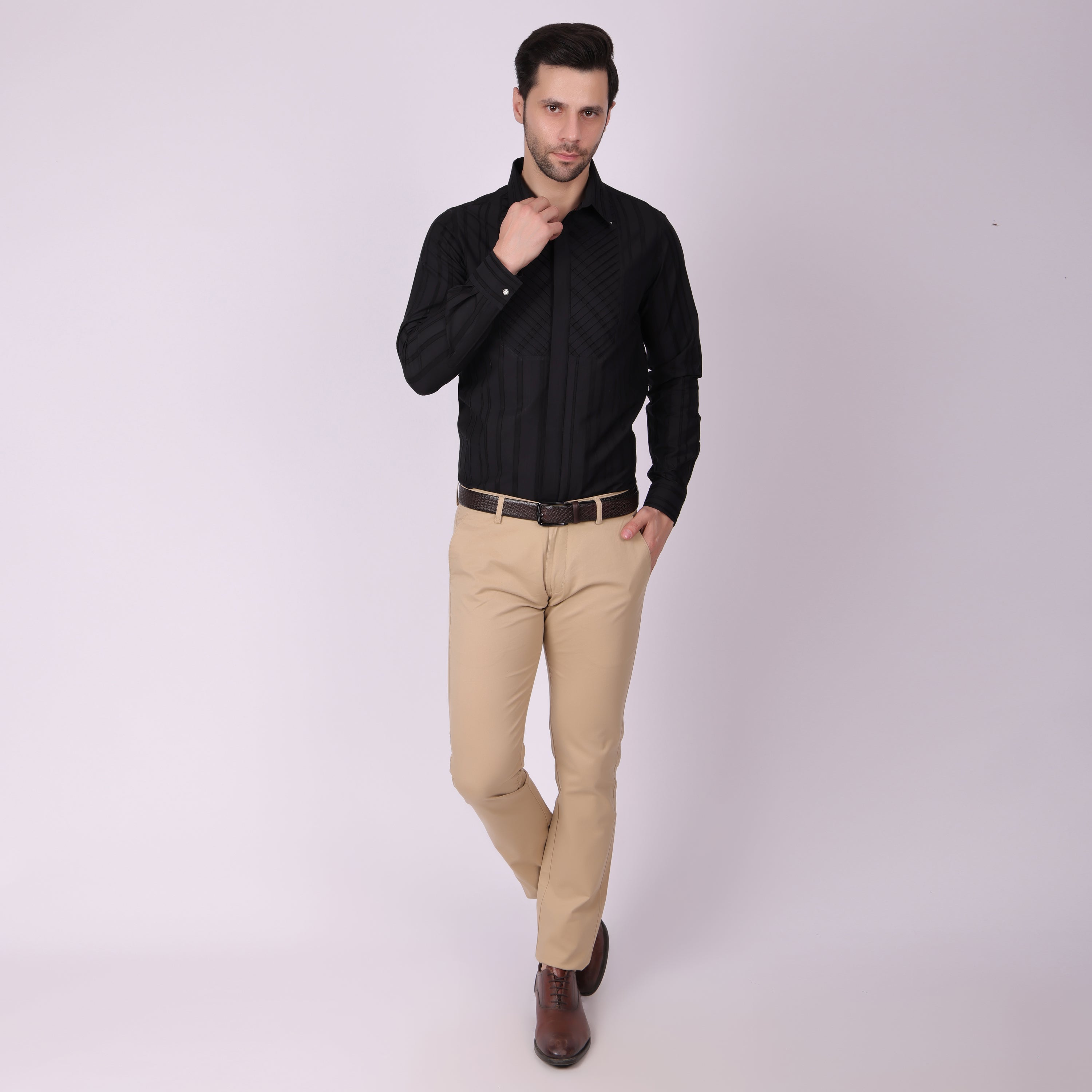 Pier Seven Men's Cotton Striped Pleated Yoke Regular Fit Shirt - Black (PWY054) Pier Seven