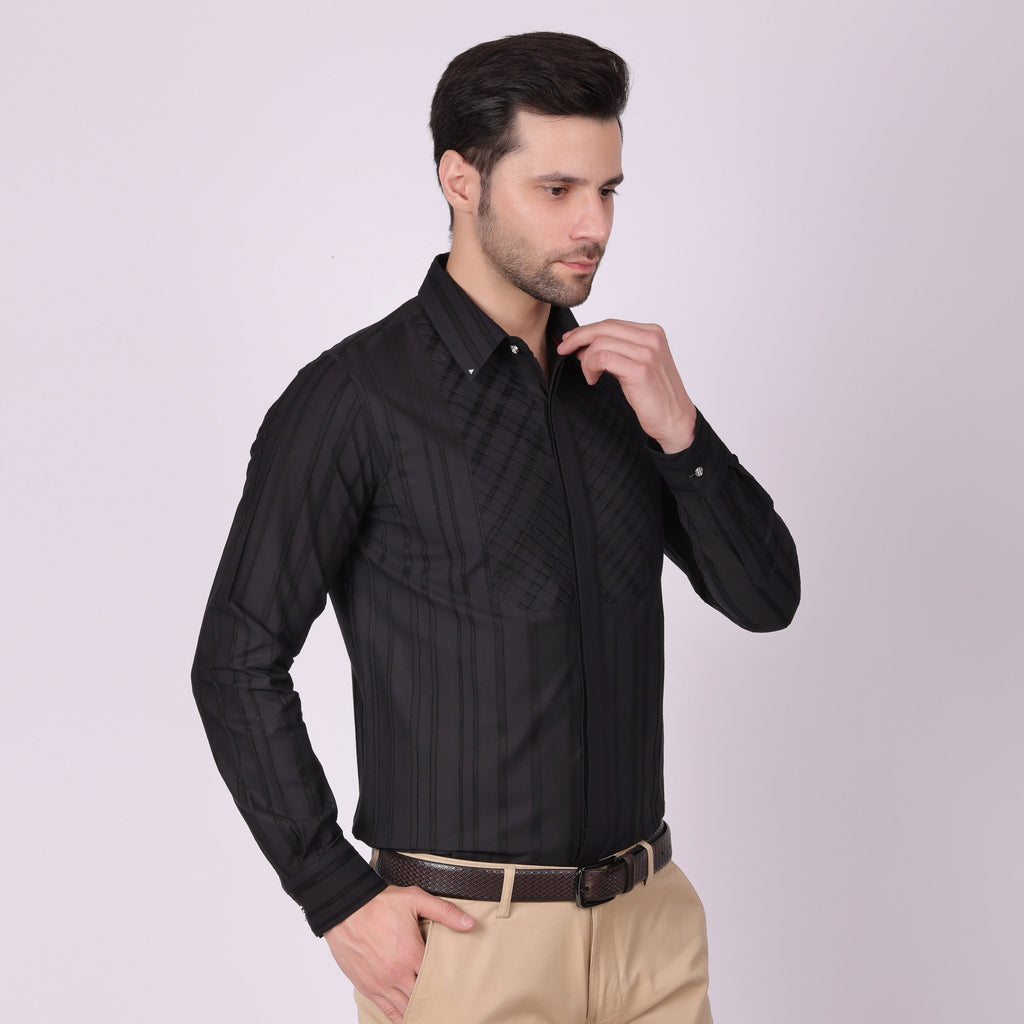 Pier Seven Men's Cotton Striped Pleated Yoke Regular Fit Shirt - Black (PWY054) Pier Seven