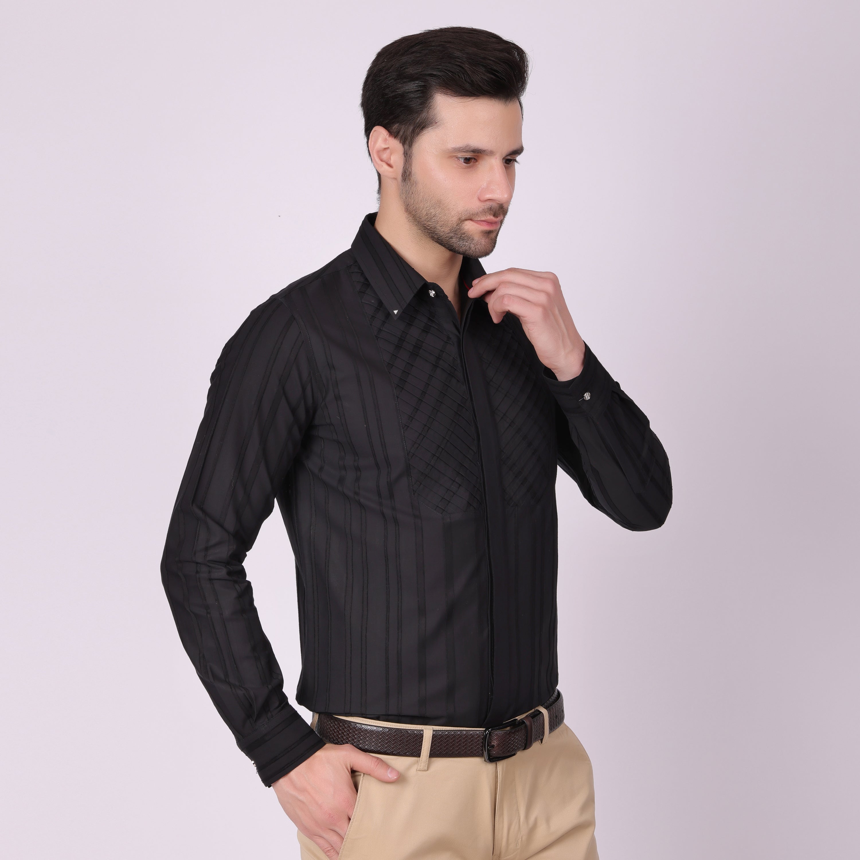 Pier Seven Men's Cotton Striped Pleated Yoke Regular Fit Shirt - Black (PWY054) Pier Seven