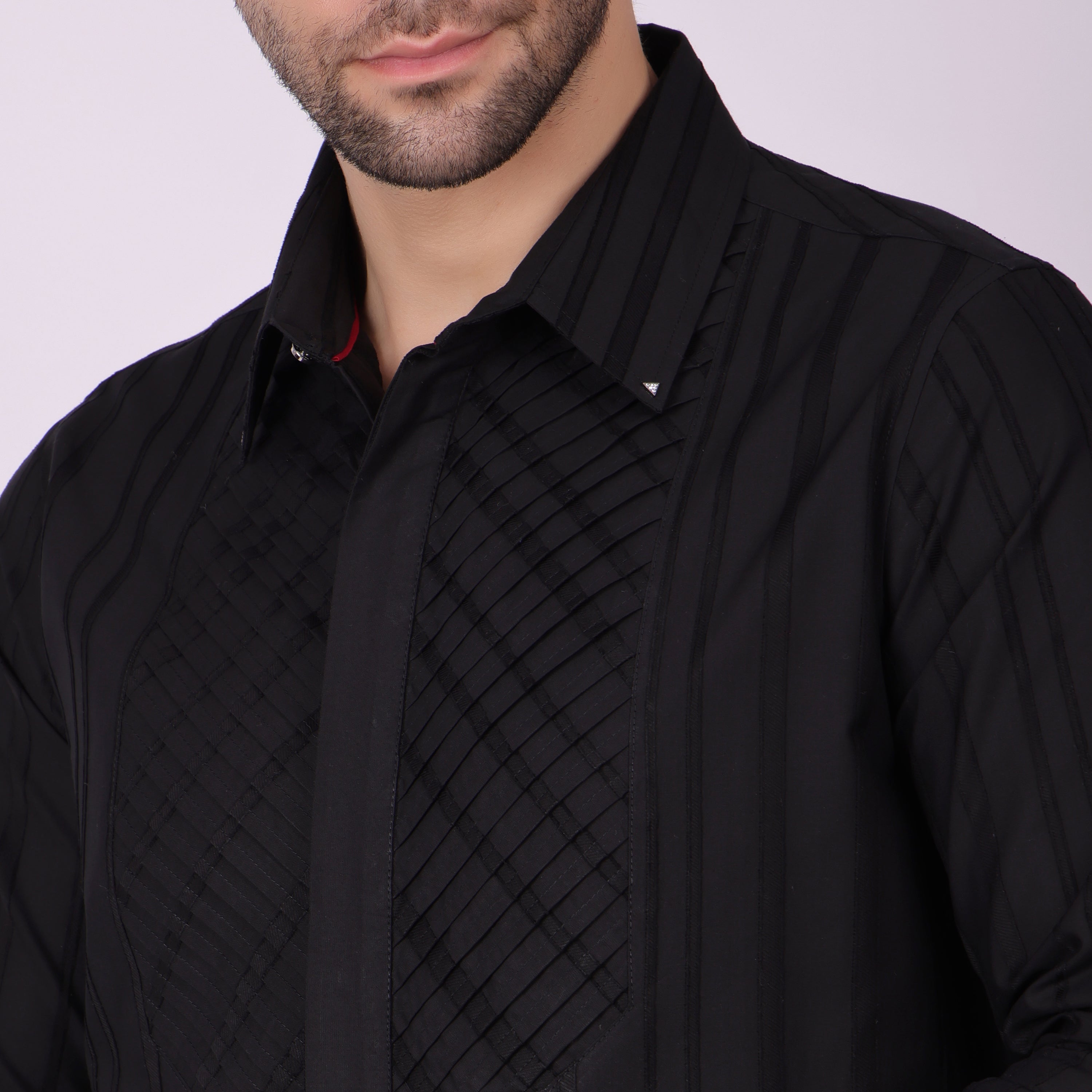 Pier Seven Men's Cotton Striped Pleated Yoke Regular Fit Shirt - Black (PWY054) Pier Seven