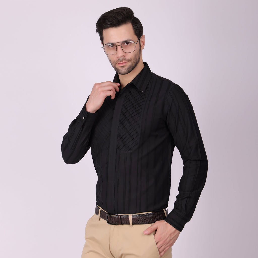 Pier Seven Men's Cotton Striped Pleated Yoke Regular Fit Shirt - Black (PWY054) Pier Seven