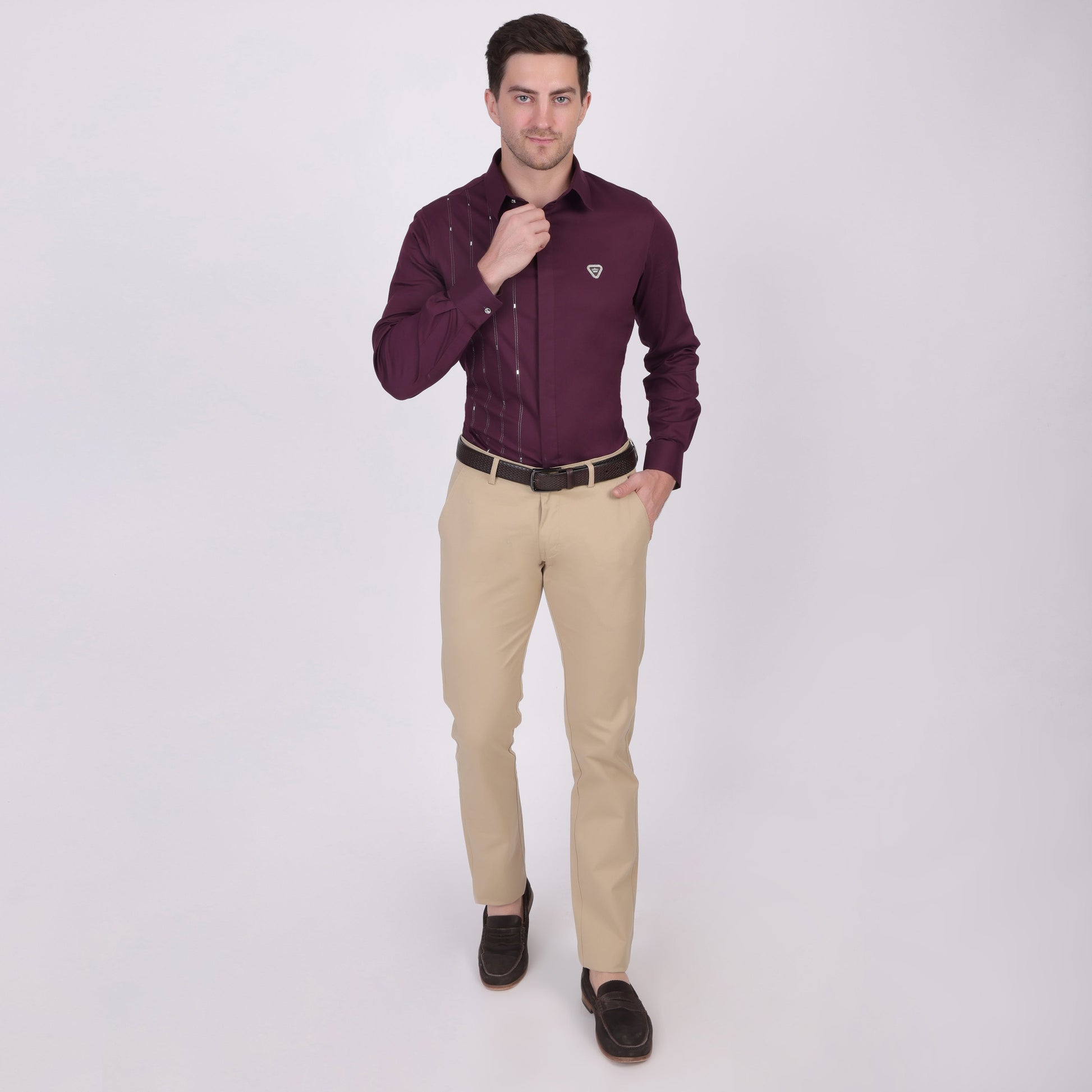Pier Seven Signature Cotton Self Design Slim Fit Shirt for Men - Maroon (PWY055) Pier Seven