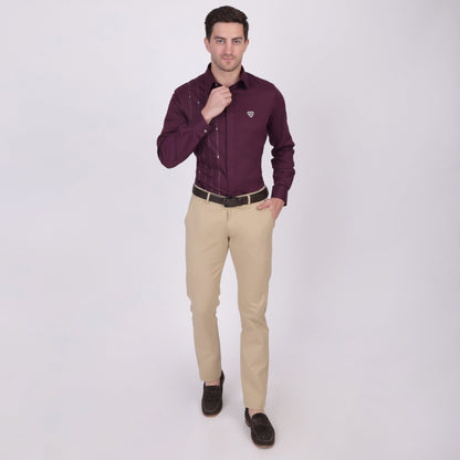 Pier Seven Signature Cotton Self Design Slim Fit Shirt for Men - Maroon (PWY055) Pier Seven