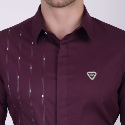 Pier Seven Signature Cotton Self Design Slim Fit Shirt for Men - Maroon (PWY055) Pier Seven