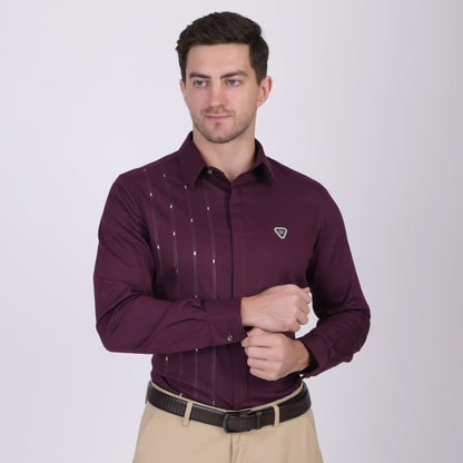 Pier Seven Signature Cotton Self Design Slim Fit Shirt for Men - Maroon (PWY055) Pier Seven