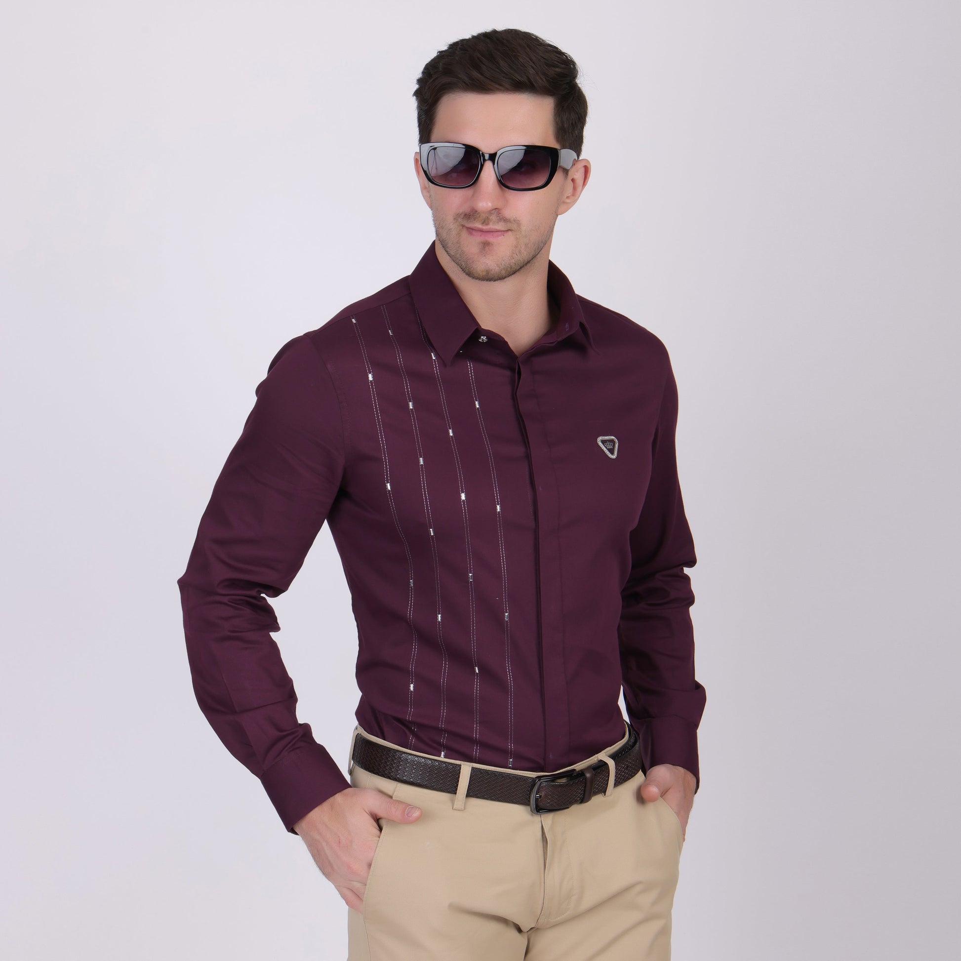 Pier Seven Signature Cotton Self Design Slim Fit Shirt for Men - Maroon (PWY055) Pier Seven