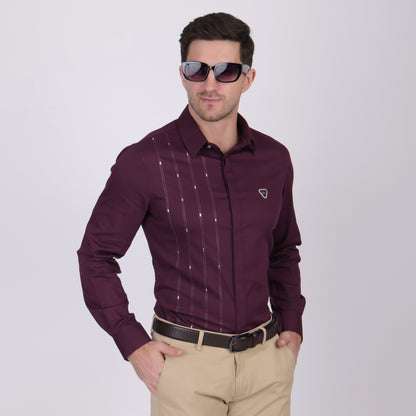 Pier Seven Signature Cotton Self Design Slim Fit Shirt for Men - Maroon (PWY055) Pier Seven