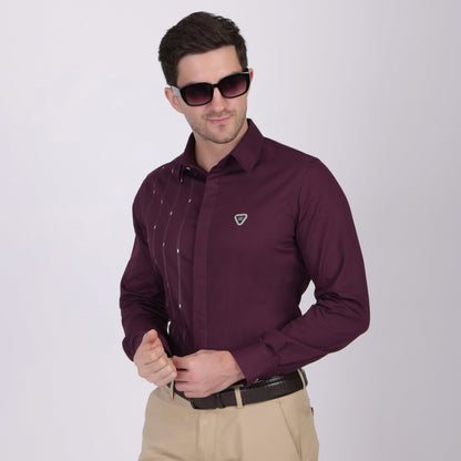 Pier Seven Signature Cotton Self Design Slim Fit Shirt for Men - Maroon (PWY055) Pier Seven
