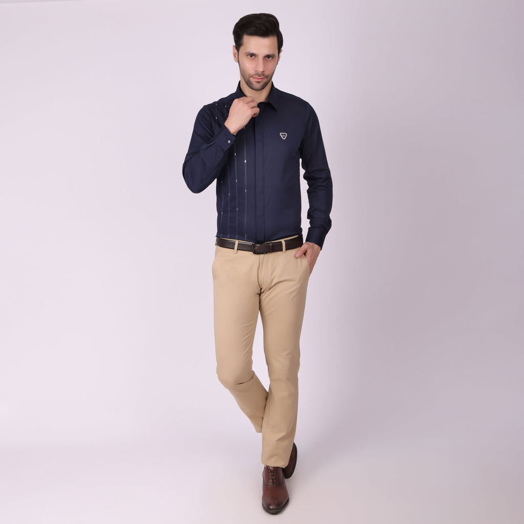 Pier Seven Signature Cotton Self Design Slim Fit Shirt for Men - Navy (PWY055) Pier Seven