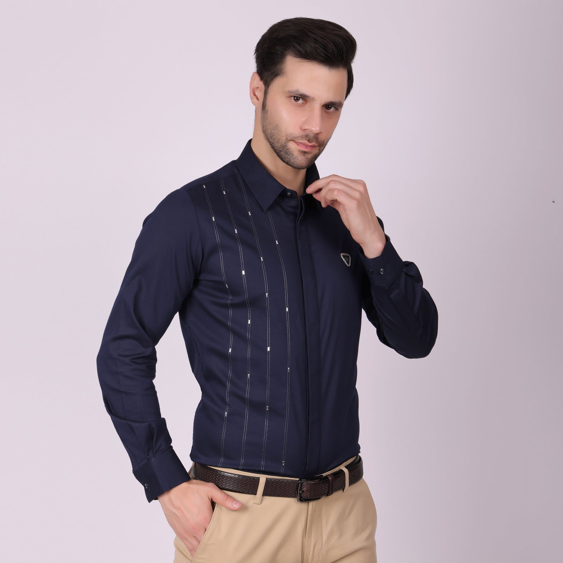 Pier Seven Signature Cotton Self Design Slim Fit Shirt for Men - Navy (PWY055) Pier Seven