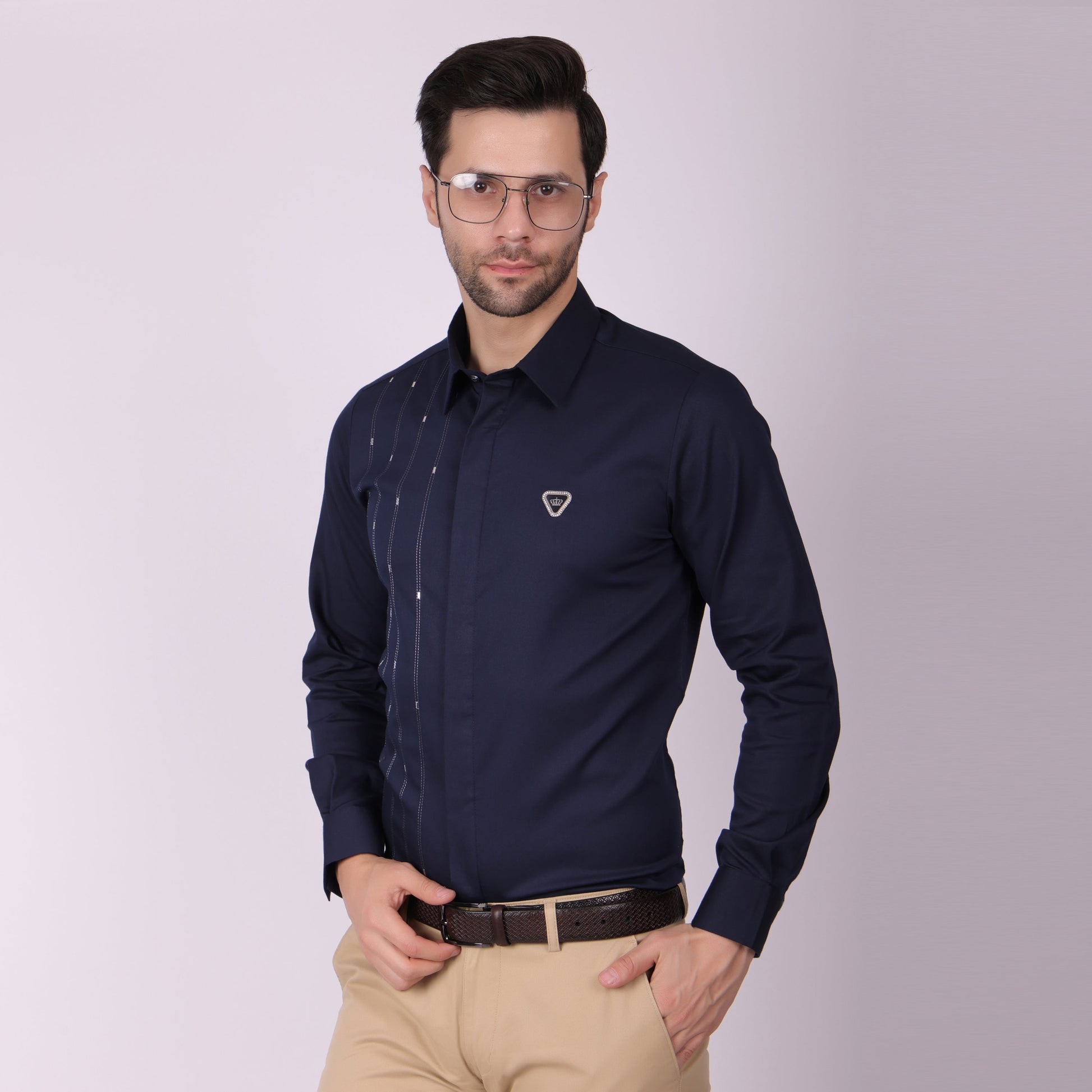 Pier Seven Signature Cotton Self Design Slim Fit Shirt for Men - Navy (PWY055) Pier Seven