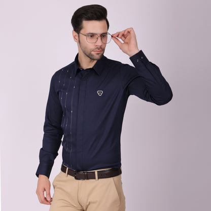 Pier Seven Signature Cotton Self Design Slim Fit Shirt for Men - Navy (PWY055) Pier Seven
