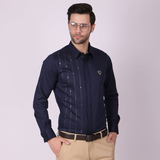 Pier Seven Signature Cotton Self Design Slim Fit Shirt for Men - Navy (PWY055) Pier Seven
