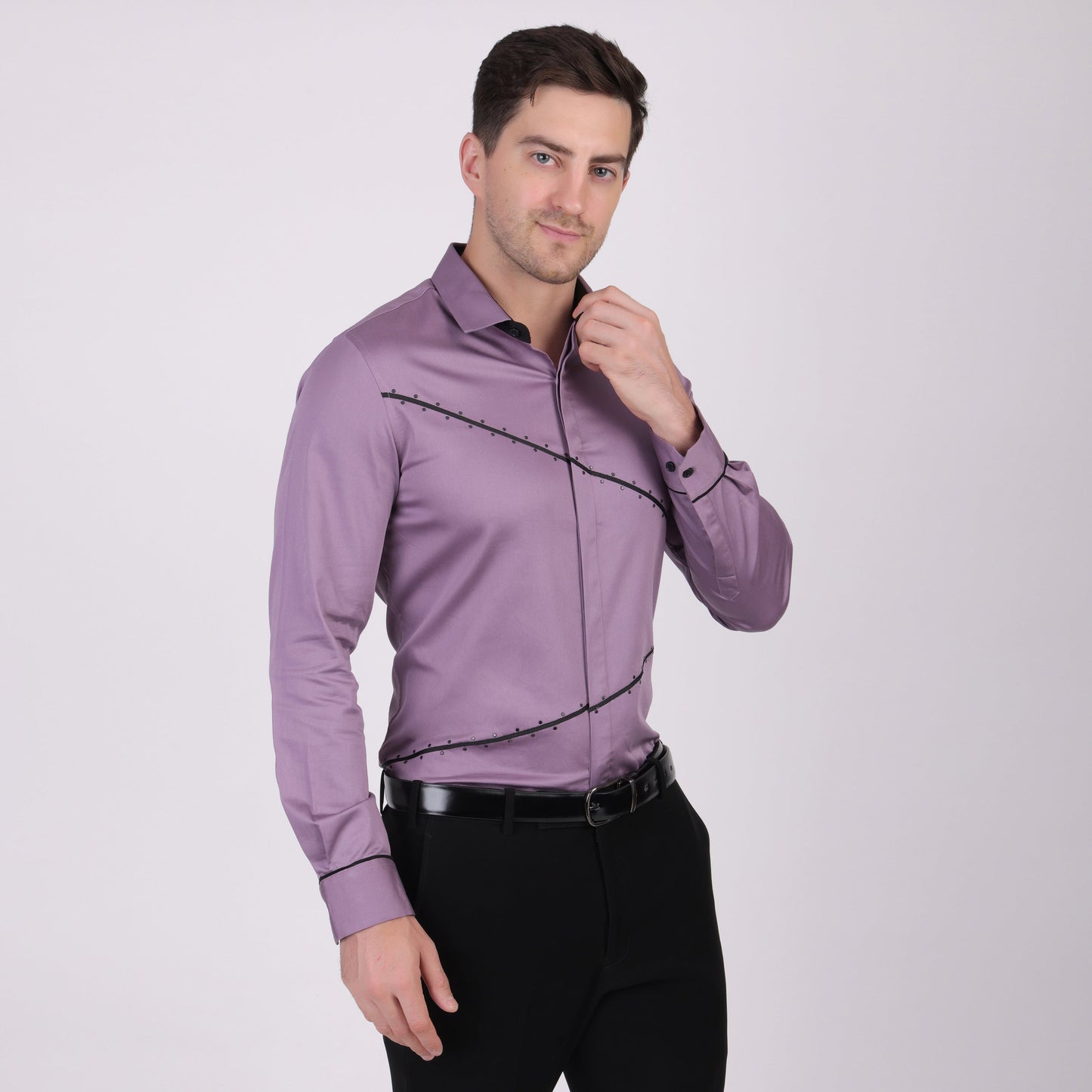 Pier Seven Signature Cotton Blend Lace Work Slim Fit Shirt for Men - Mauve (PWY062) Pier Seven