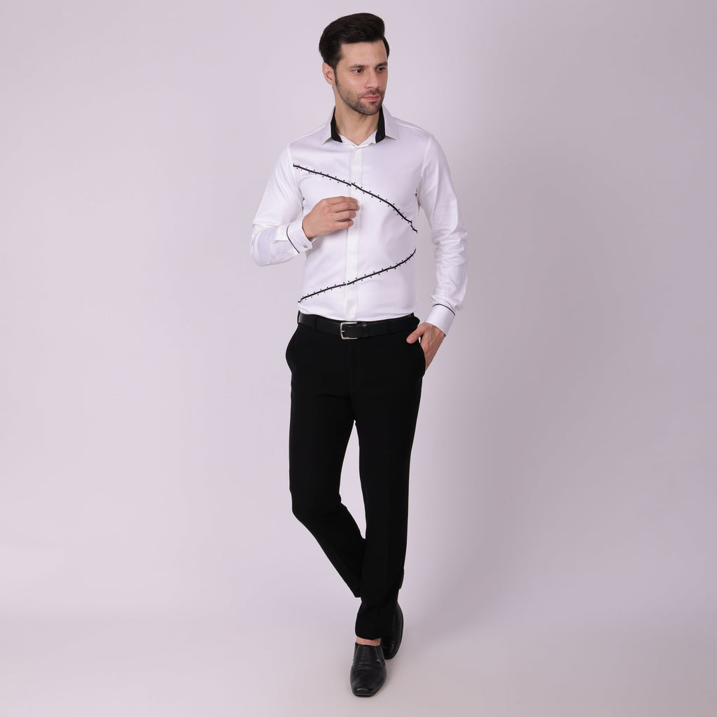 Pier Seven Signature Cotton Blend Lace Work Slim Fit Shirt for Men - White (PWY062) Pier Seven