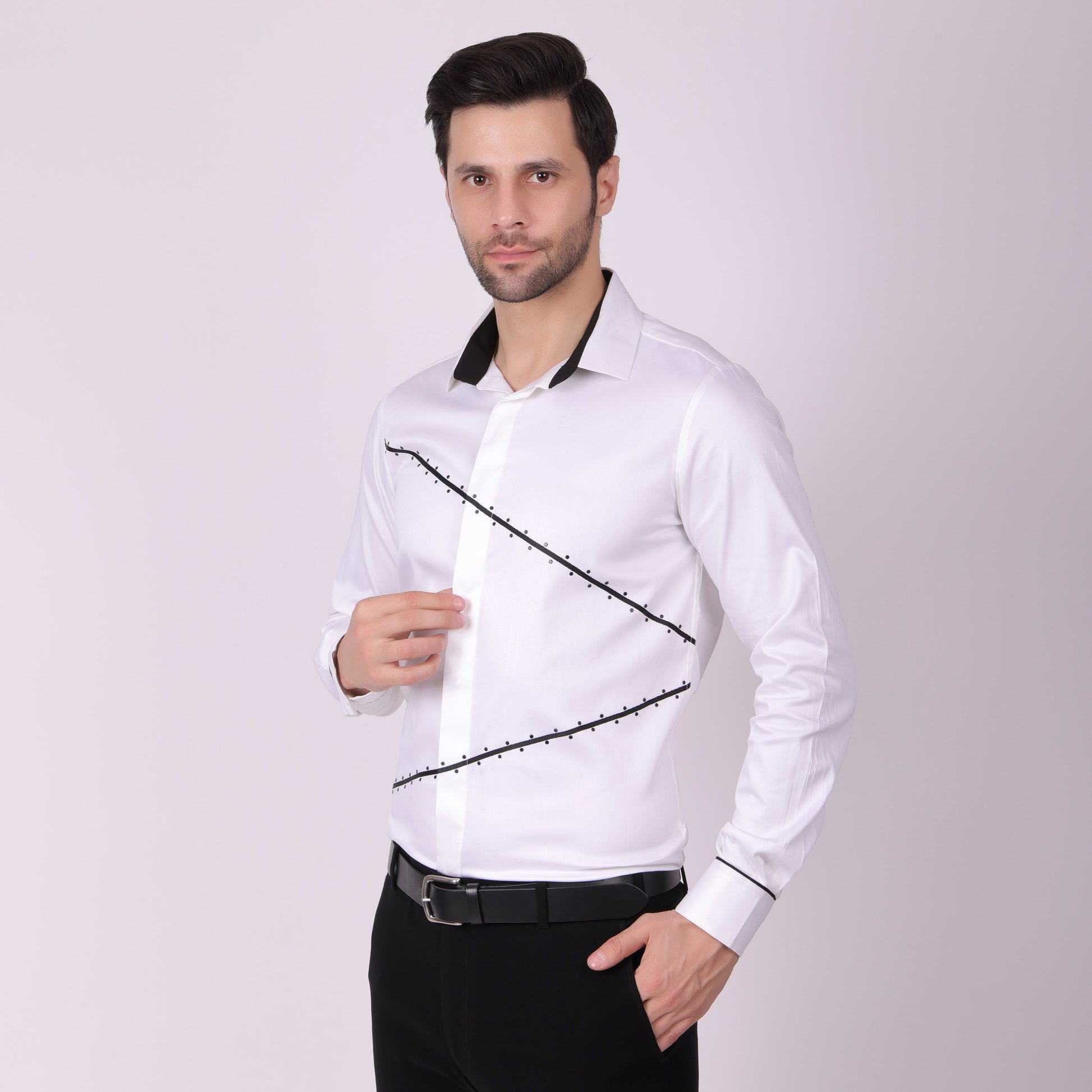 Pier Seven Signature Cotton Blend Lace Work Slim Fit Shirt for Men - White (PWY062) Pier Seven