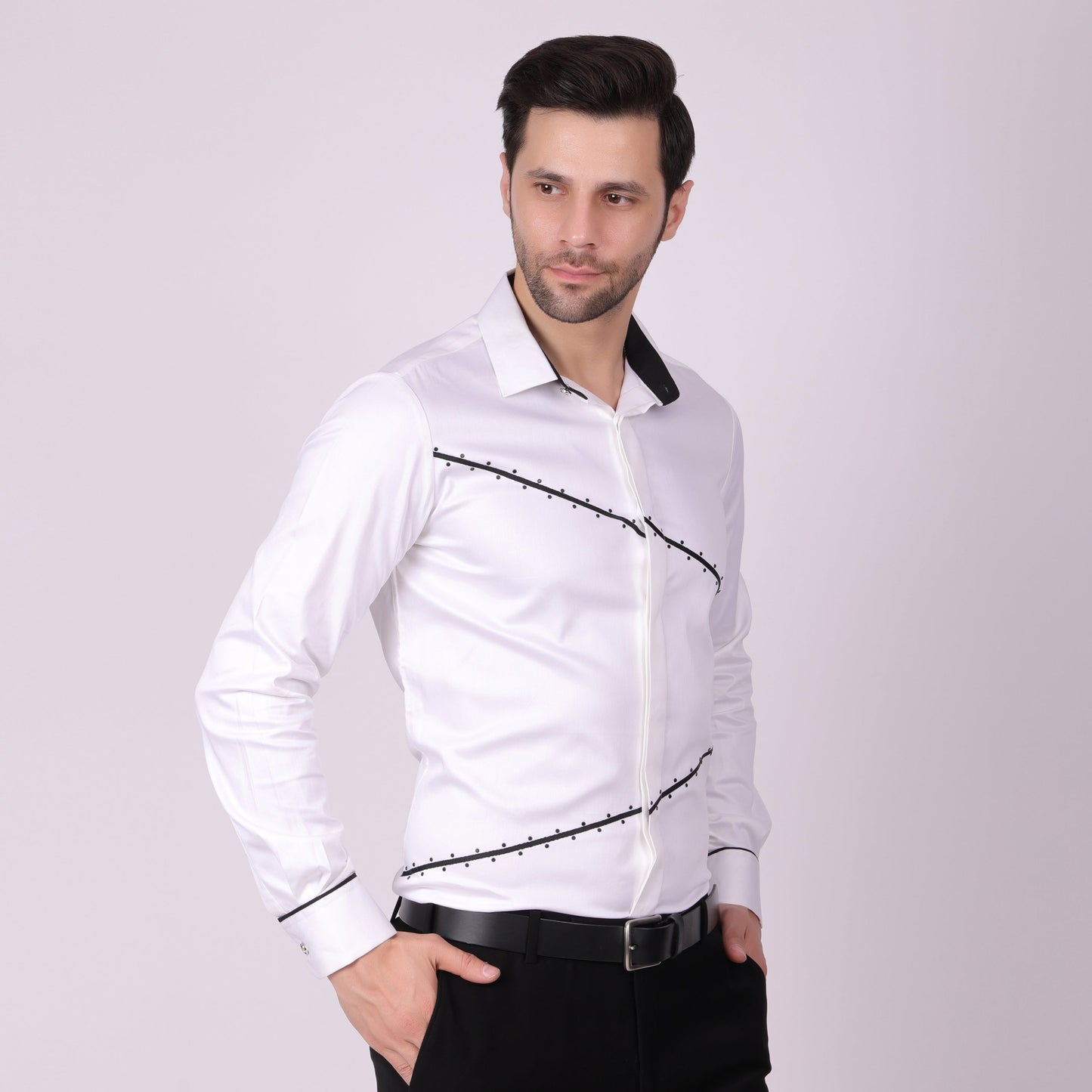 Pier Seven Signature Cotton Blend Lace Work Slim Fit Shirt for Men - White (PWY062) Pier Seven