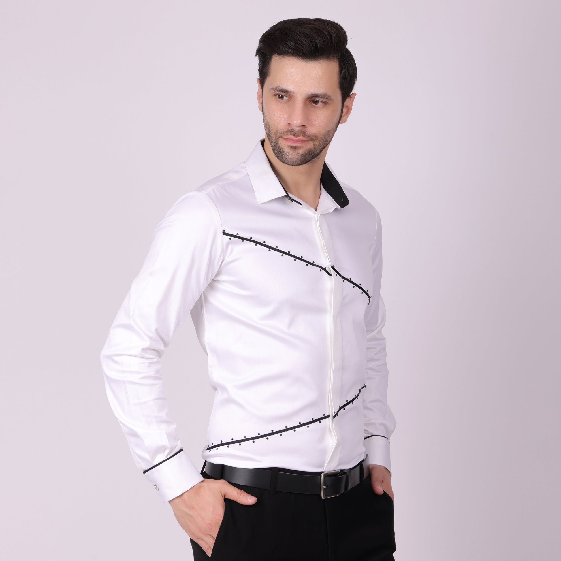 Pier Seven Signature Cotton Blend Lace Work Slim Fit Shirt for Men - White (PWY062) Pier Seven