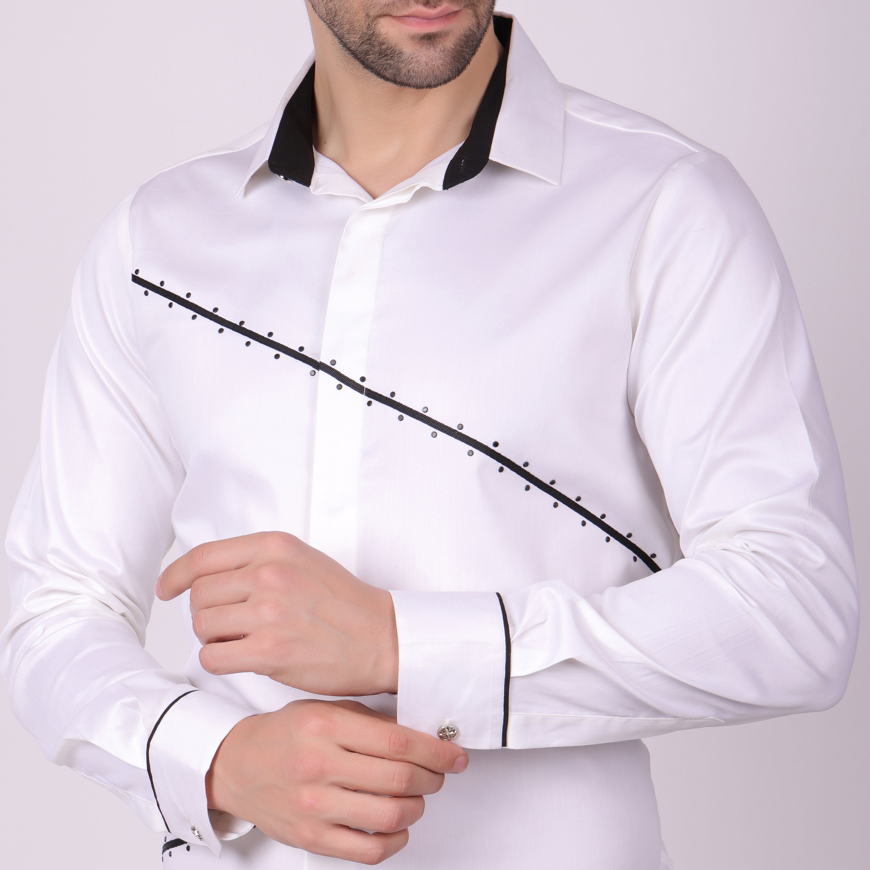 Pier Seven Signature Cotton Blend Lace Work Slim Fit Shirt for Men - White (PWY062) Pier Seven