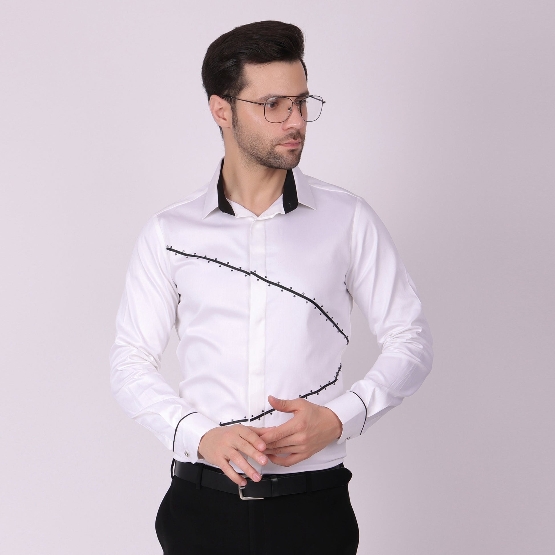 Pier Seven Signature Cotton Blend Lace Work Slim Fit Shirt for Men - White (PWY062) Pier Seven