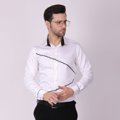 Pier Seven Signature Cotton Blend Lace Work Slim Fit Shirt for Men - White (PWY062) Pier Seven