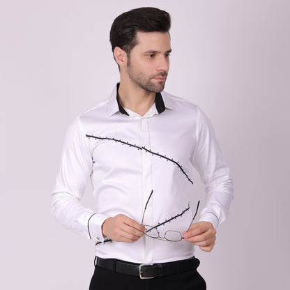 Pier Seven Signature Cotton Blend Lace Work Slim Fit Shirt for Men - White (PWY062) Pier Seven