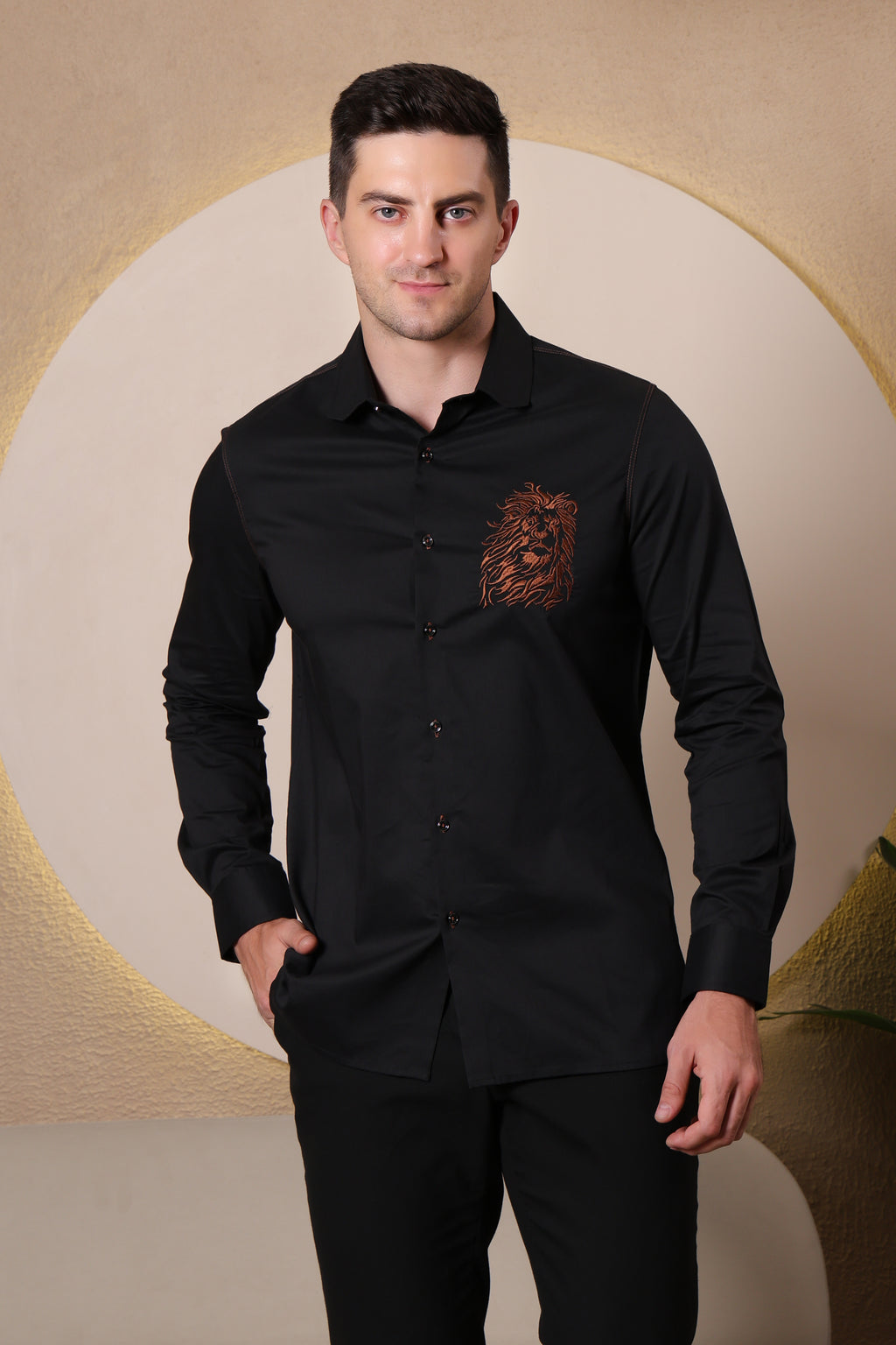 REGAL EMBER LION PARTY SHIRT EMBROIDED BLACK