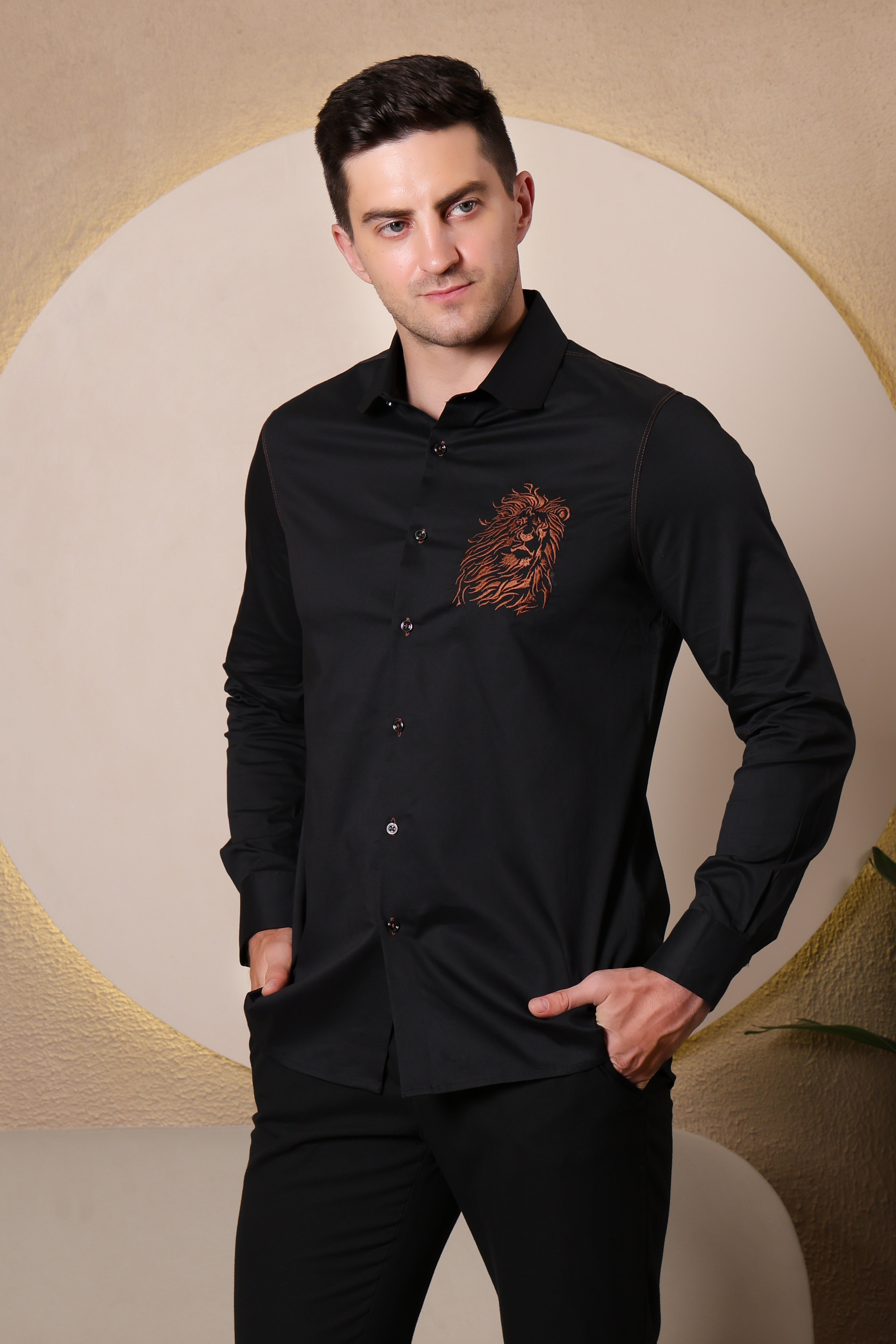 REGAL EMBER LION PARTY SHIRT EMBROIDED BLACK
