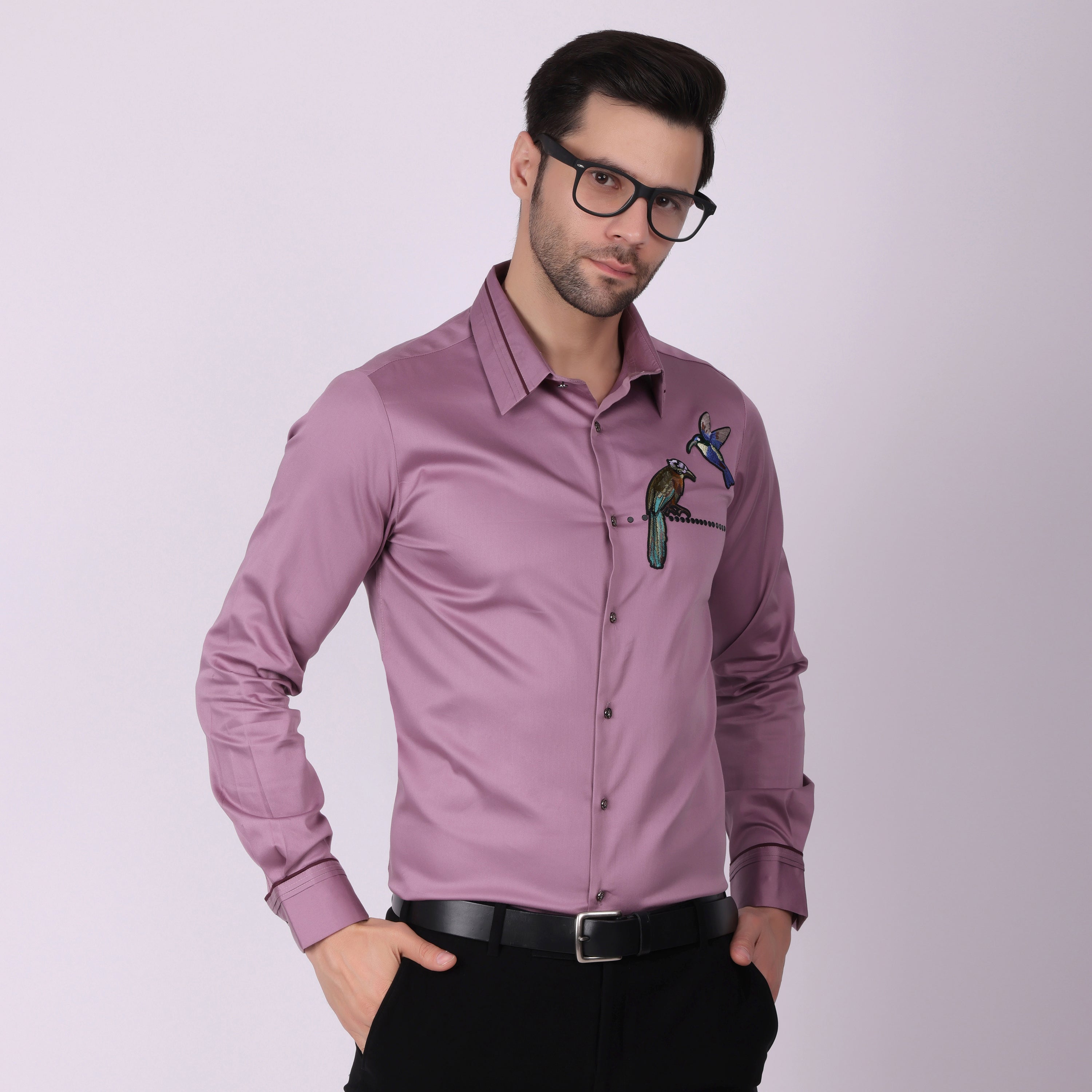 COTTON SATIN MAUVE TROPICAL BIRD EMBROIDED PARTY SHIRT