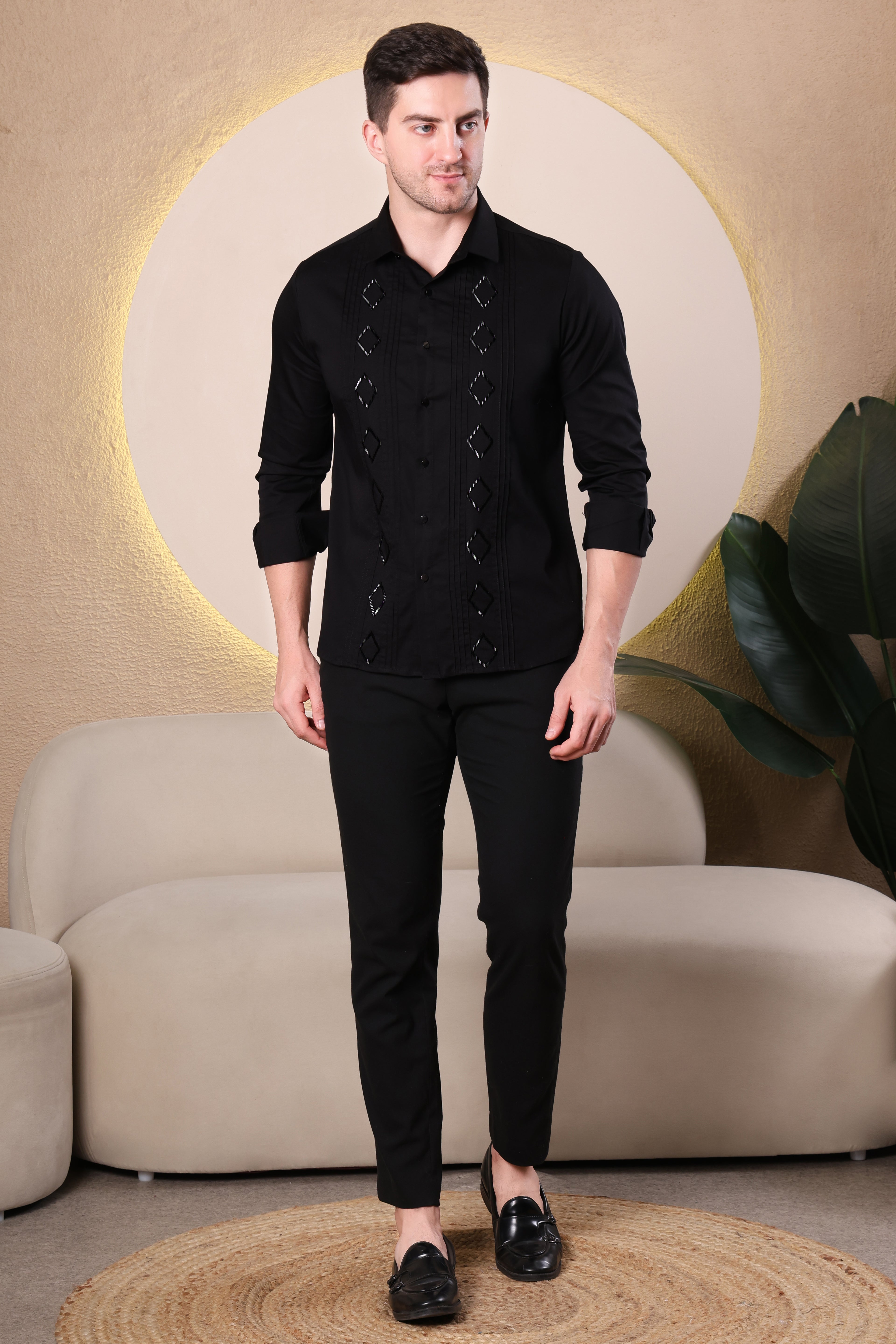DIAMOND TUX PANEL HAND EMBROIDED BEAD WORK PARTY SHIRT BLACK