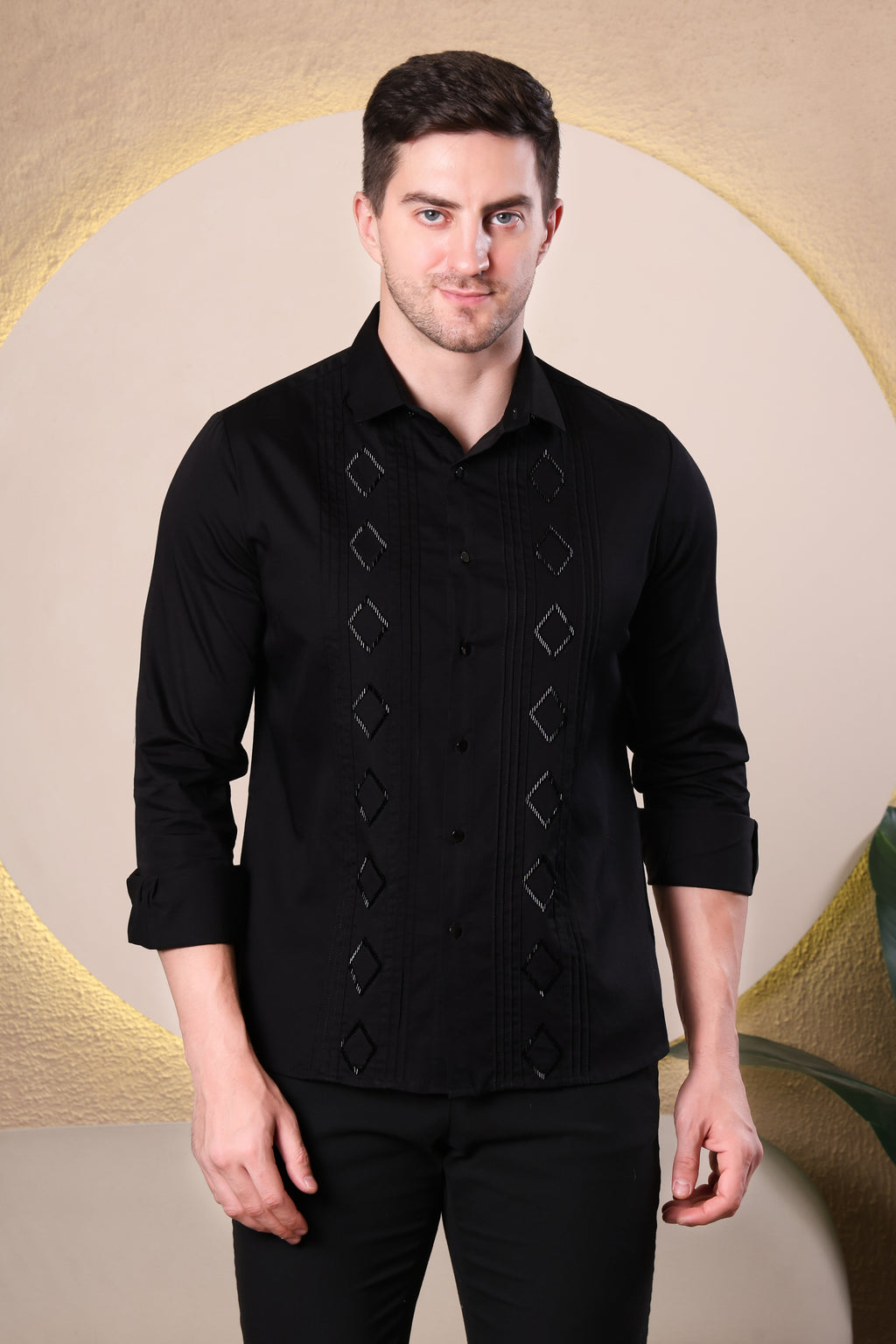 DIAMOND TUX PANEL HAND EMBROIDED BEAD WORK PARTY SHIRT BLACK
