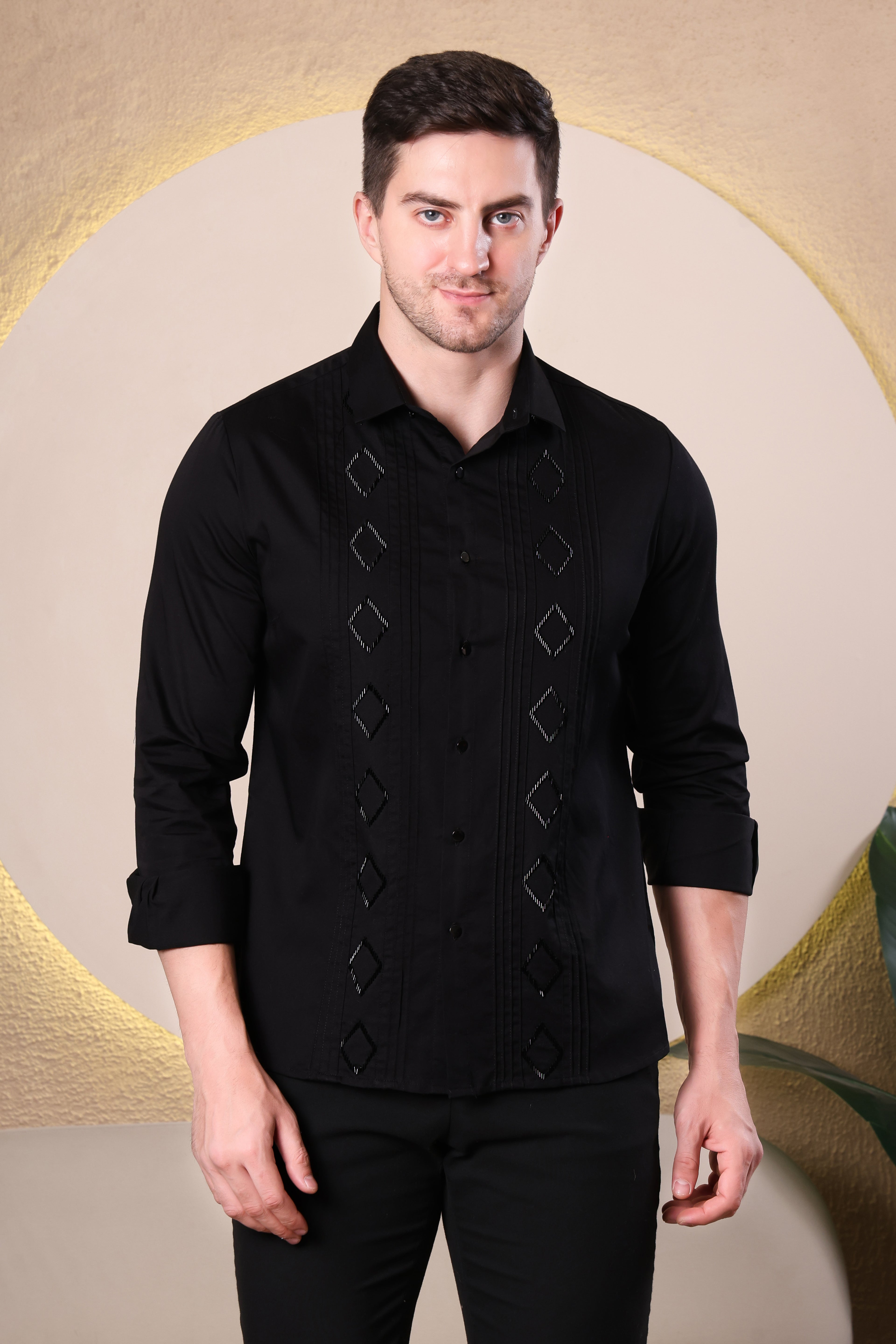DIAMOND TUX PANEL HAND EMBROIDED BEAD WORK PARTY SHIRT BLACK
