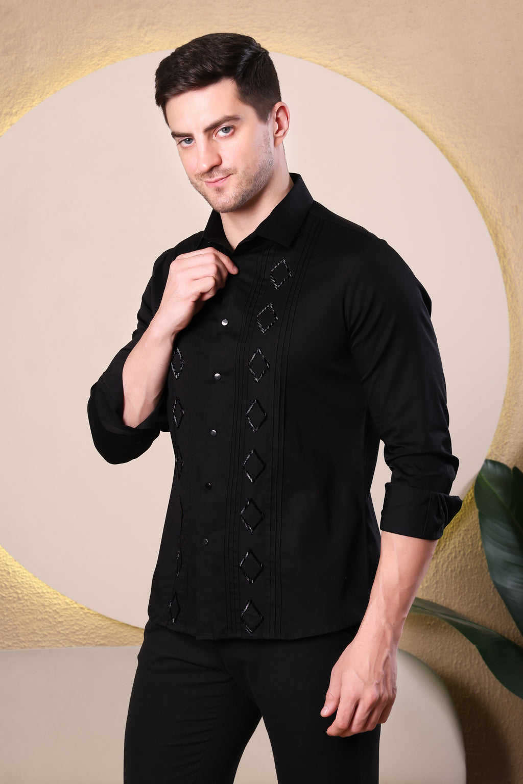 DIAMOND TUX PANEL HAND EMBROIDED BEAD WORK PARTY SHIRT BLACK