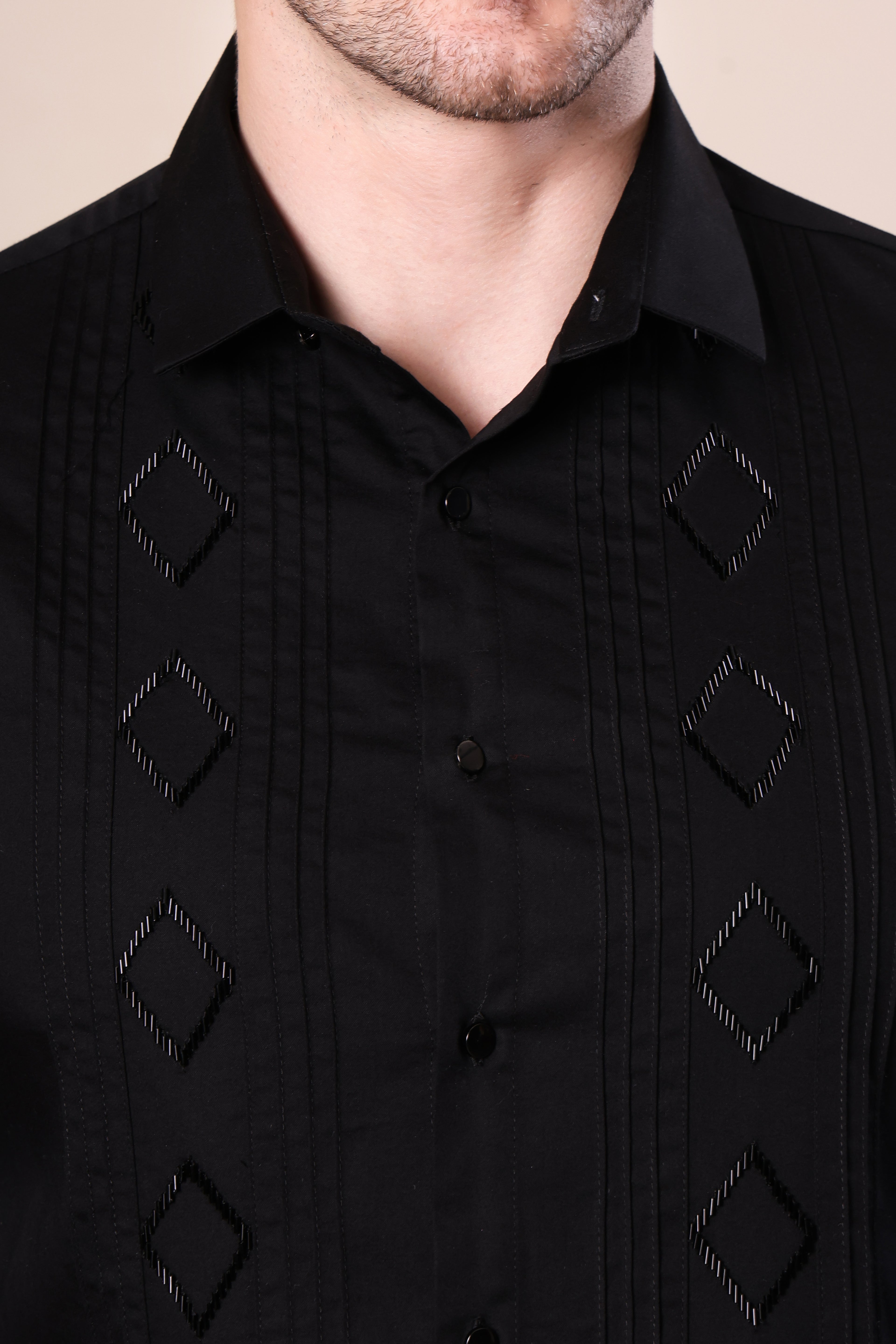 DIAMOND TUX PANEL HAND EMBROIDED BEAD WORK PARTY SHIRT BLACK