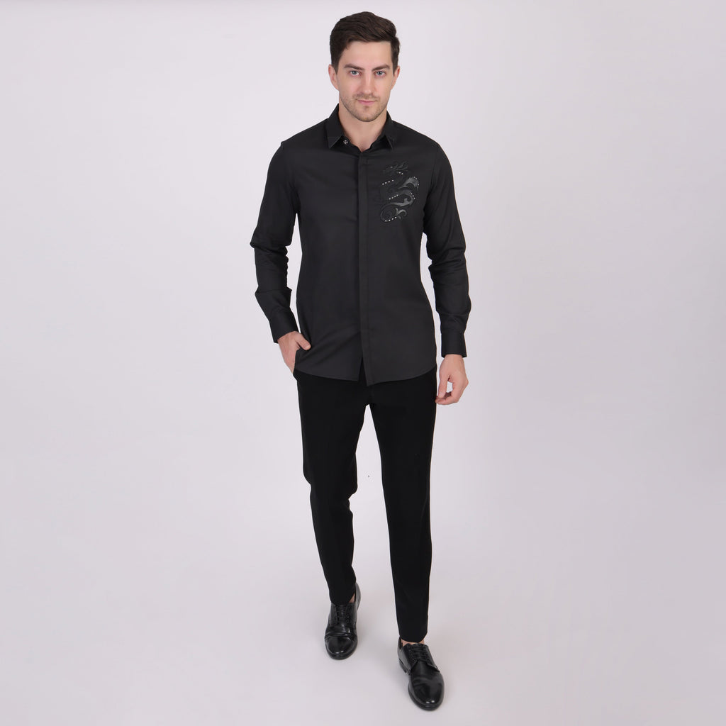Pier Seven Signature Cotton Patch Work Slim Fit Shirt for Men - Black (PWY075) Pier Seven