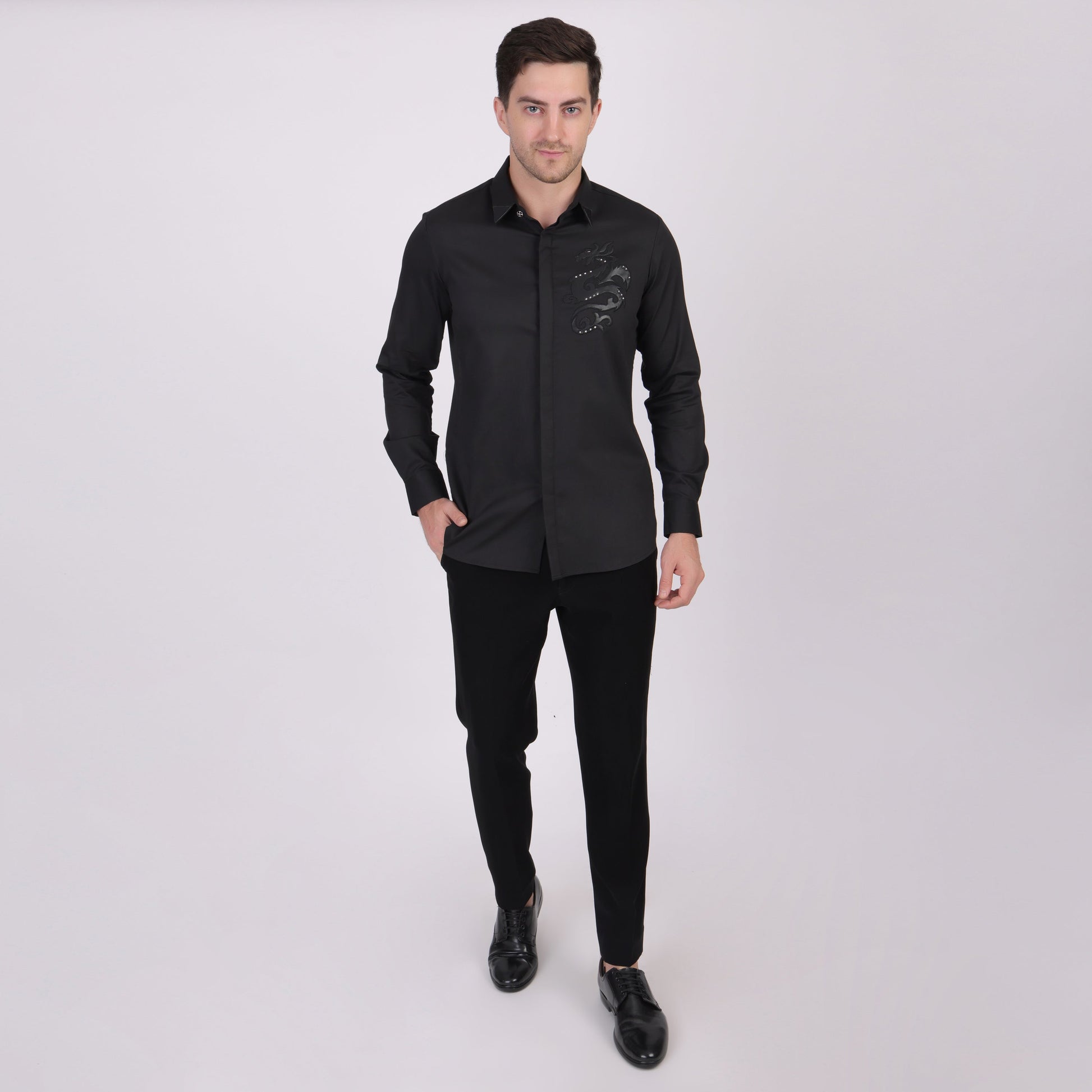 Pier Seven Signature Cotton Patch Work Slim Fit Shirt for Men - Black (PWY075) Pier Seven