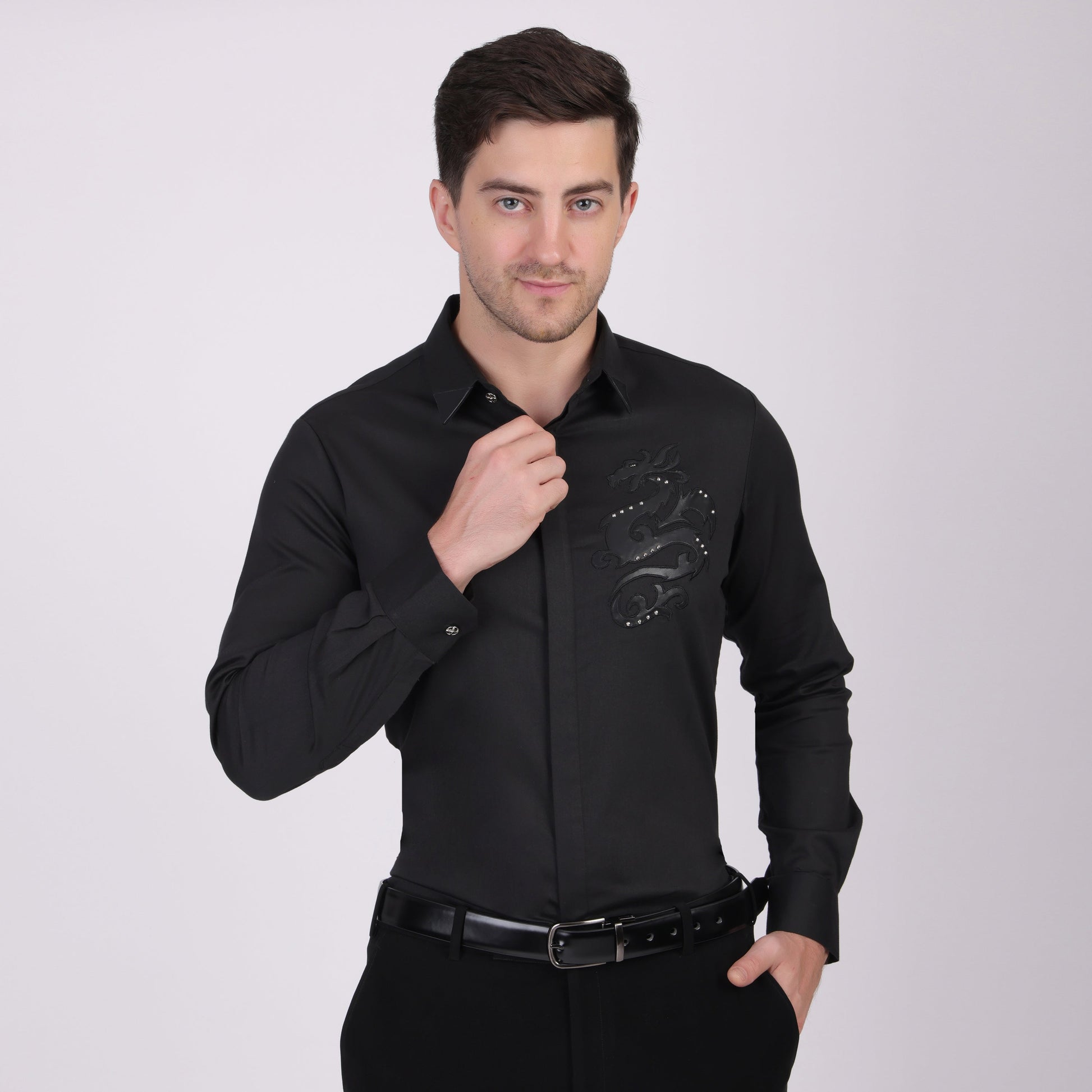 Pier Seven Signature Cotton Patch Work Slim Fit Shirt for Men - Black (PWY075) Pier Seven