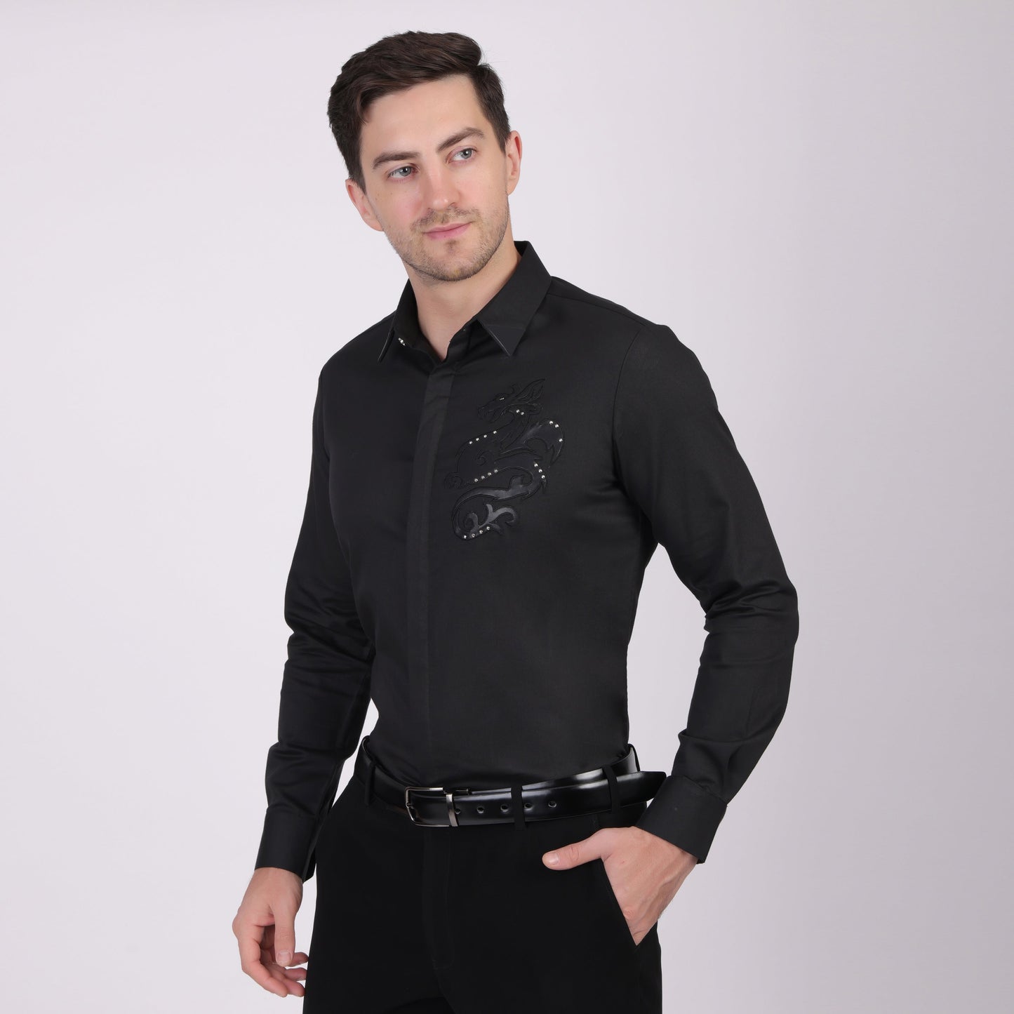 Pier Seven Signature Cotton Patch Work Slim Fit Shirt for Men - Black (PWY075) Pier Seven