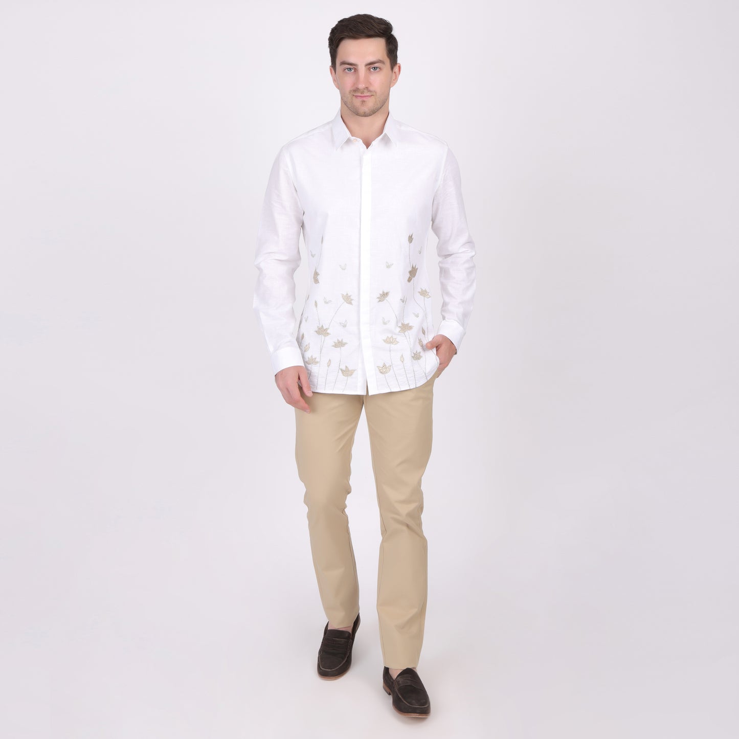 Pier Seven Ethnic Cotton Embroidered Slim Fit Shirt for Men - White (PWE004) Pier Seven