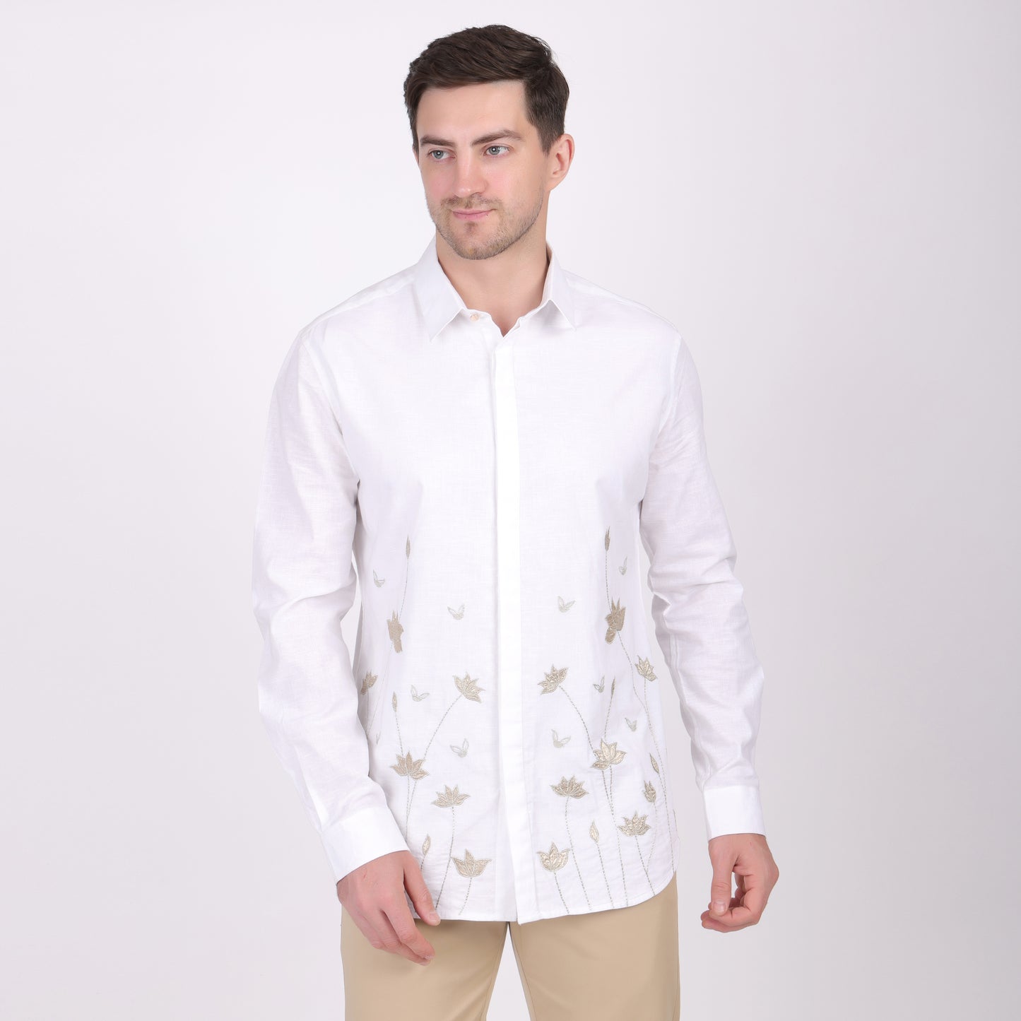 Pier Seven Ethnic Cotton Embroidered Slim Fit Shirt for Men - White (PWE004) Pier Seven