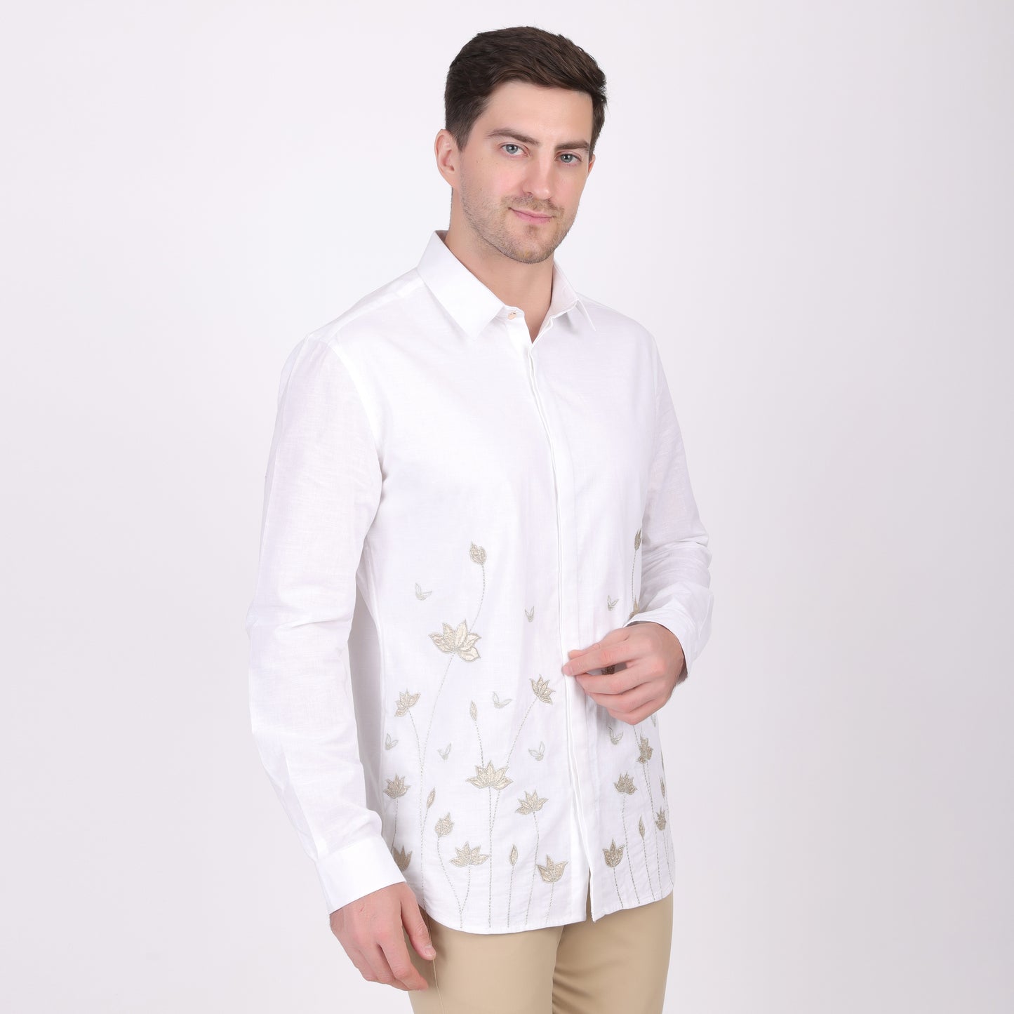 Pier Seven Ethnic Cotton Embroidered Slim Fit Shirt for Men - White (PWE004) Pier Seven