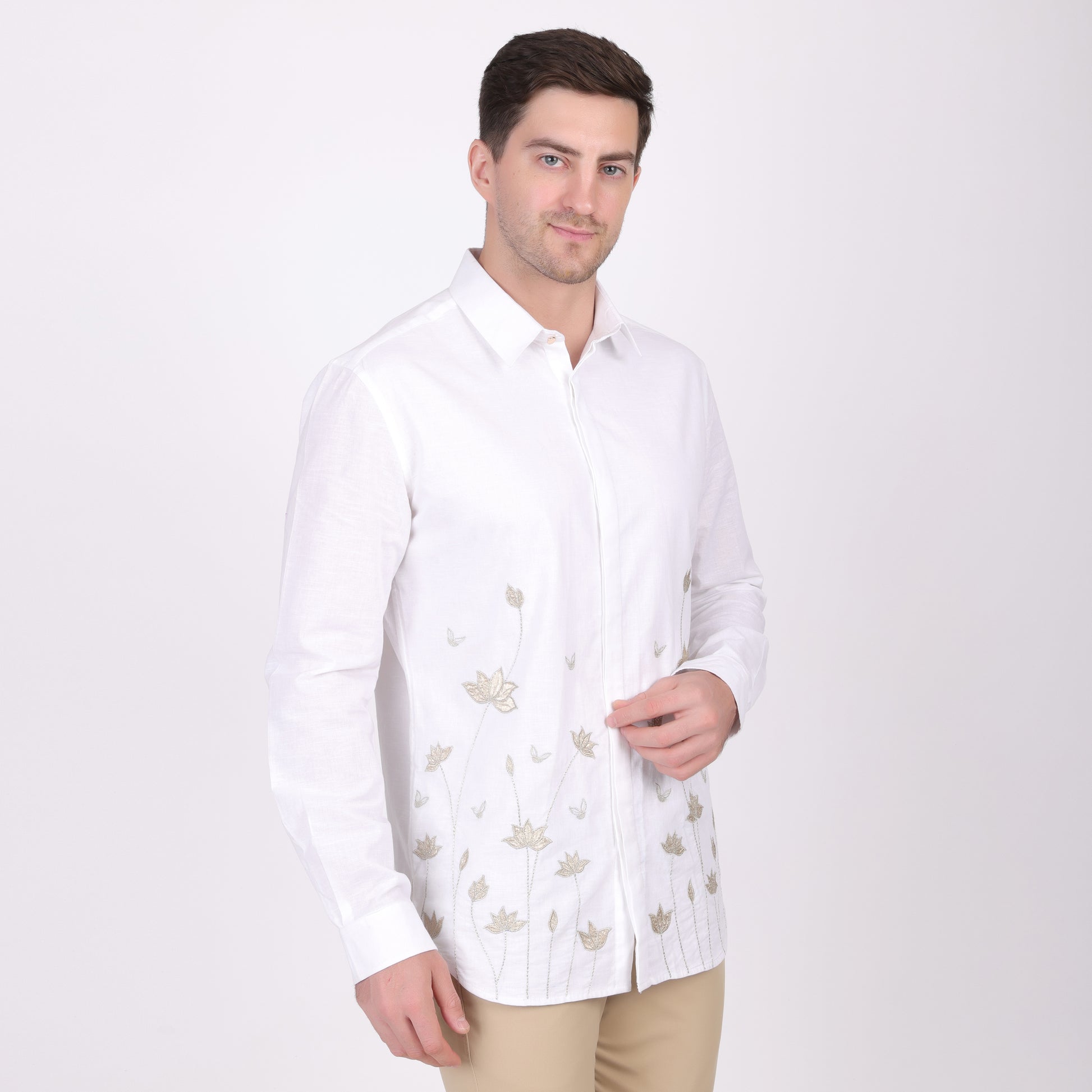 Pier Seven Ethnic Cotton Embroidered Slim Fit Shirt for Men - White (PWE004) Pier Seven